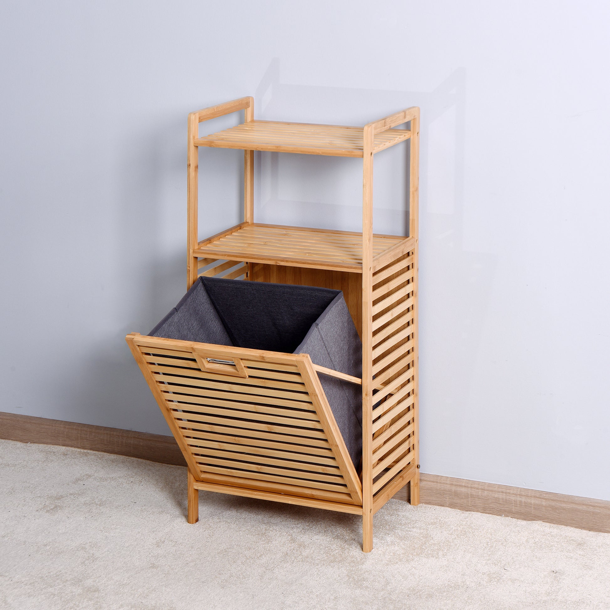 Bathroom Laundry Basket Bamboo Storage Basket With 2 Tier Shelf 17.32 X 13 X 37.8 Inch Natural Bamboo