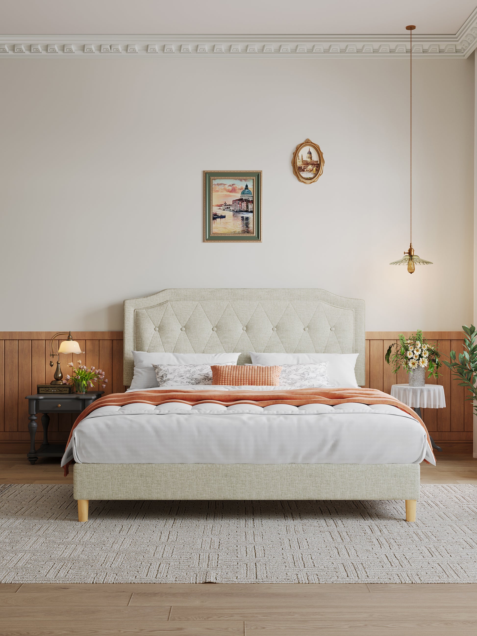 Queen Size, Cotton Linen Fabric, Mesh Mounted Bed, Stable, Easy To Assemble, Light Grey Queen Light Gray Mdf Acacia