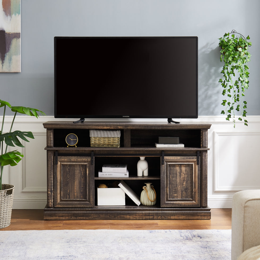 Media Console Table With Storage Cabinet, Mid Century Style Entertainment Tv Table, Multipurpose Sliding Door Tv Cabinet Large Storage Space, 58.11"W*15.79"D*32.36"H Antique Brown Antique Brown Primary Living Space 60 69 Inches 60 69 Inches 60 Inches Mdf