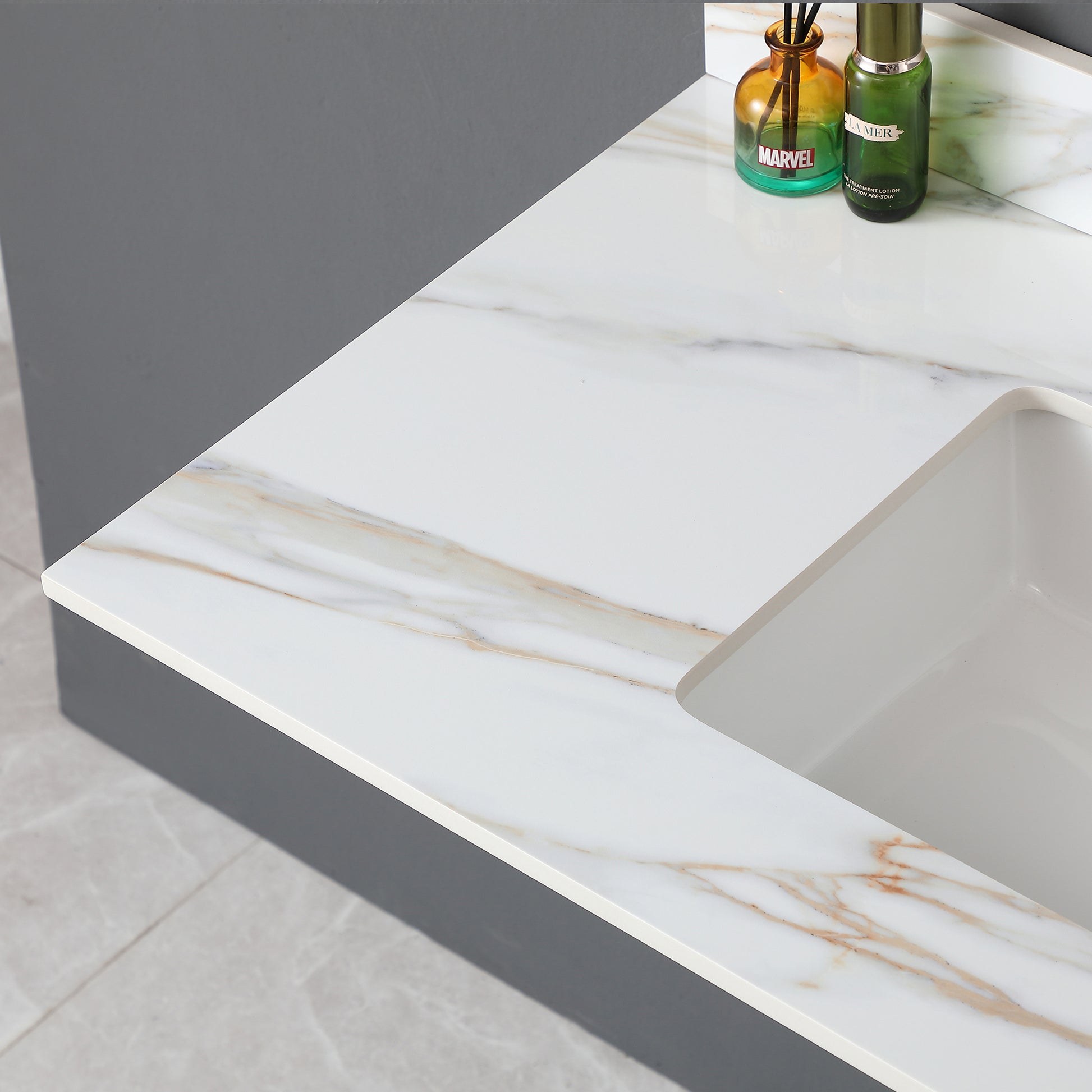 43 Inch Marble Vanity Top, Bathroom Vanity Top With Undermount Rectangular Middle Sink And 4" Height Backsplash, Pre Drilled Faucet Hole Vanity Top, Carrara White With Veins White Marble Bathroom American Design Sintered Stone Sintered Stone