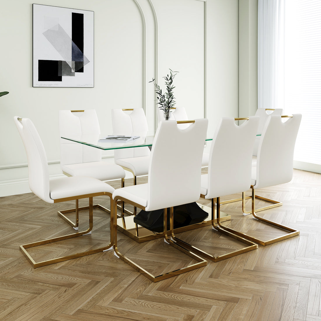 Modern Style Glass Dining Table, Elegant Transparent Design, Solid Support Base, White Dining Chair Set, Gold Plated Legs, Suitable For Restaurant Kitchen Use Set Of 9 White Pu Glass