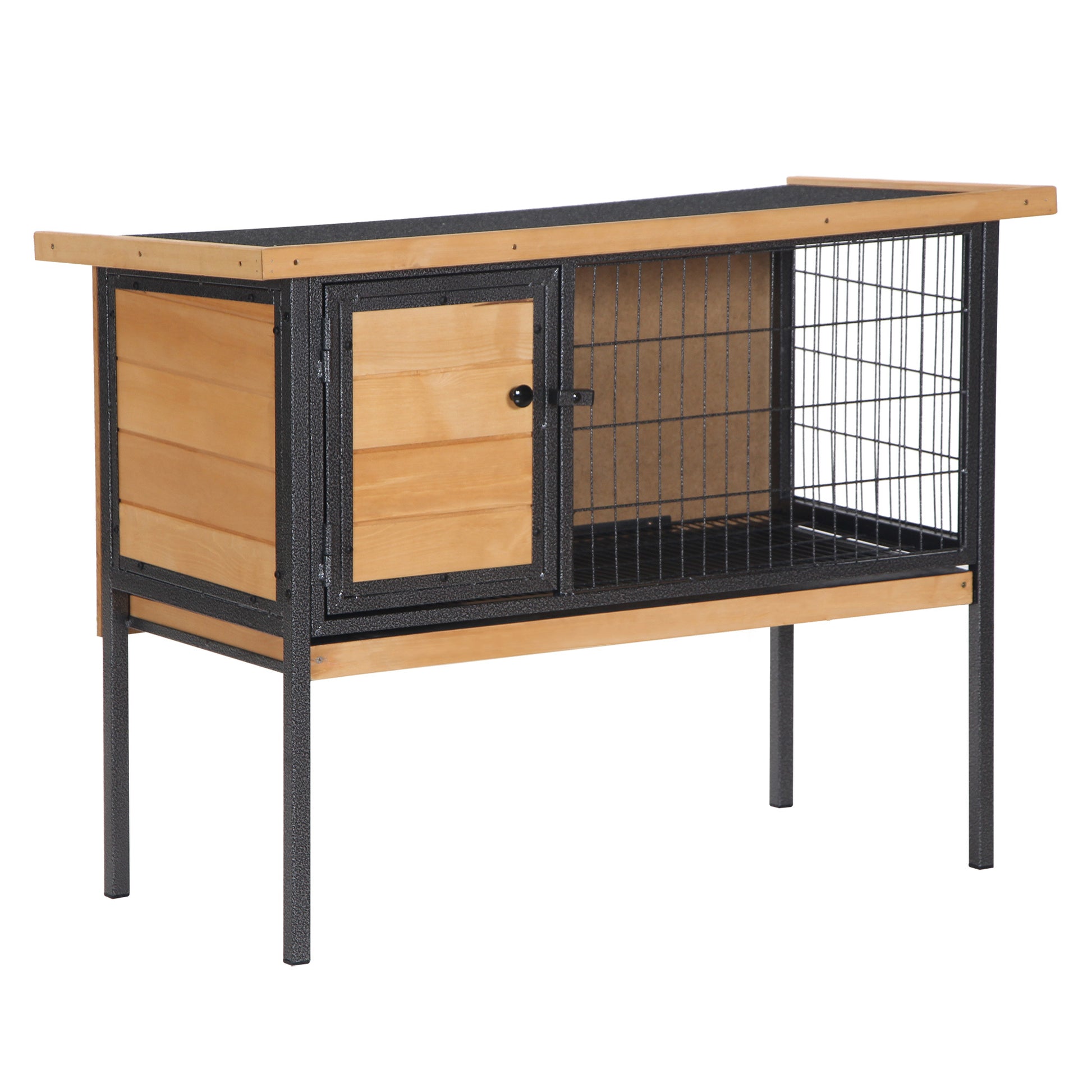 Pawhut Rabbit Hutch Elevated Bunny Cage Small Animal Habitat With Metal Frame, No Leak Tray, Mtetal Wire Pan And Openable Water Resistant Asphalt Roof For Indoor Outdoor Natural Wood Natural Wood Wood