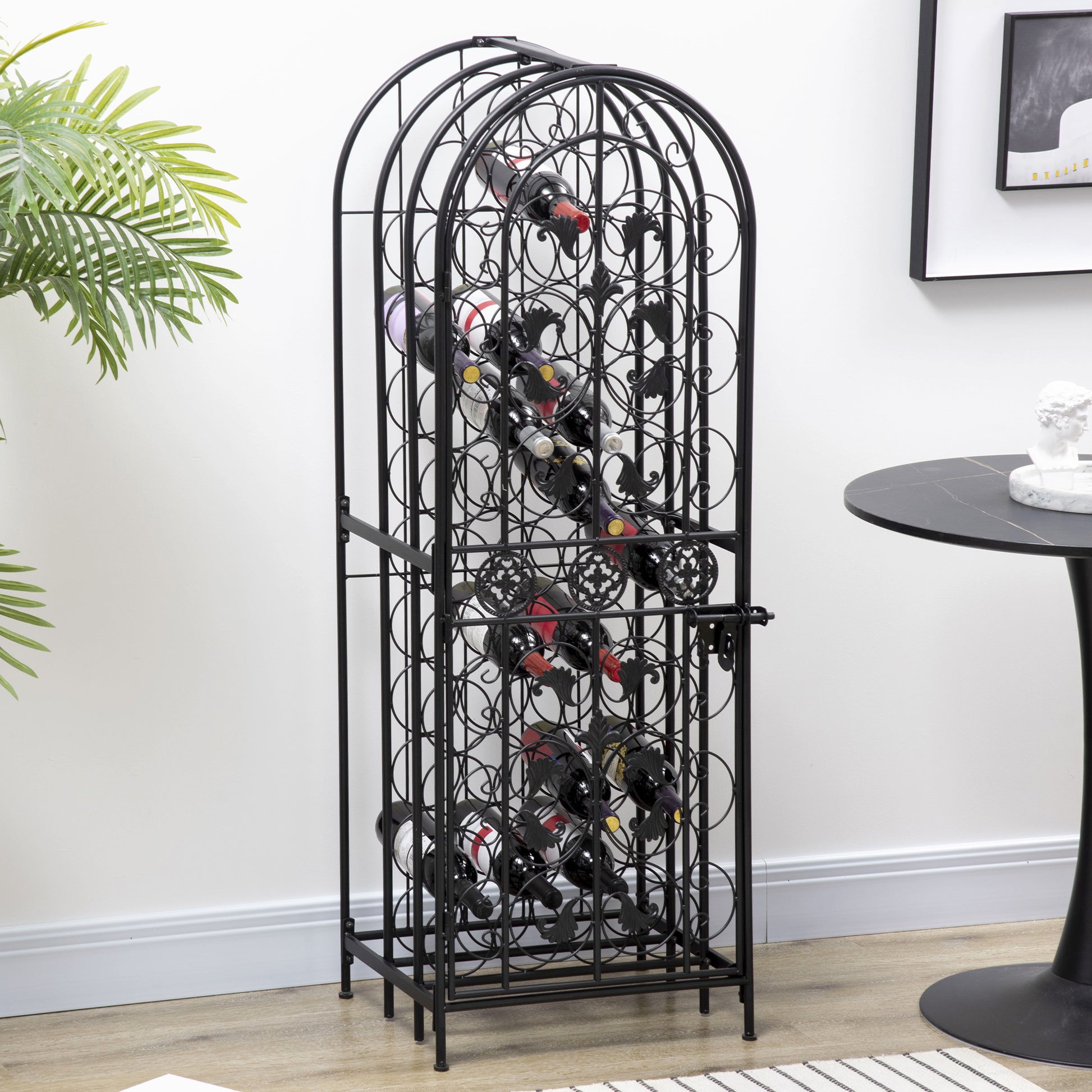 Homcom 45 Bottle Wrought Iron Wine Rack Jail With Lock Black Black Iron