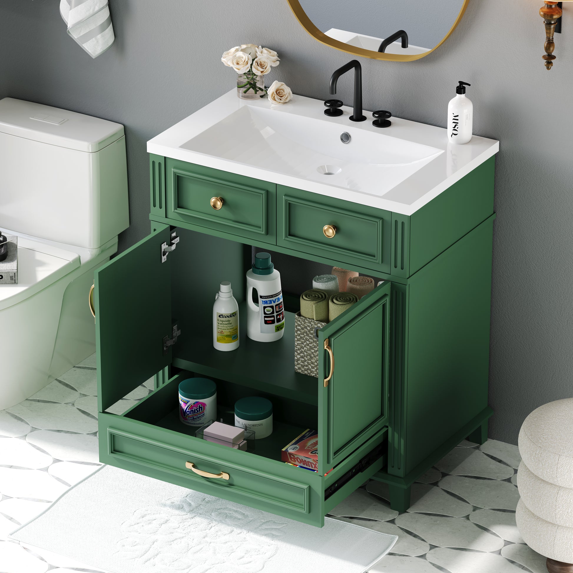30'' Bathroom Vanity With Resin Sink, Solid Wood Frame Bathroom Storage Cabinet With Soft Closing Doors, Retro Style, Green Same As Sw000118Aaf Green Bathroom Modern Solid Wood Mdf Resin