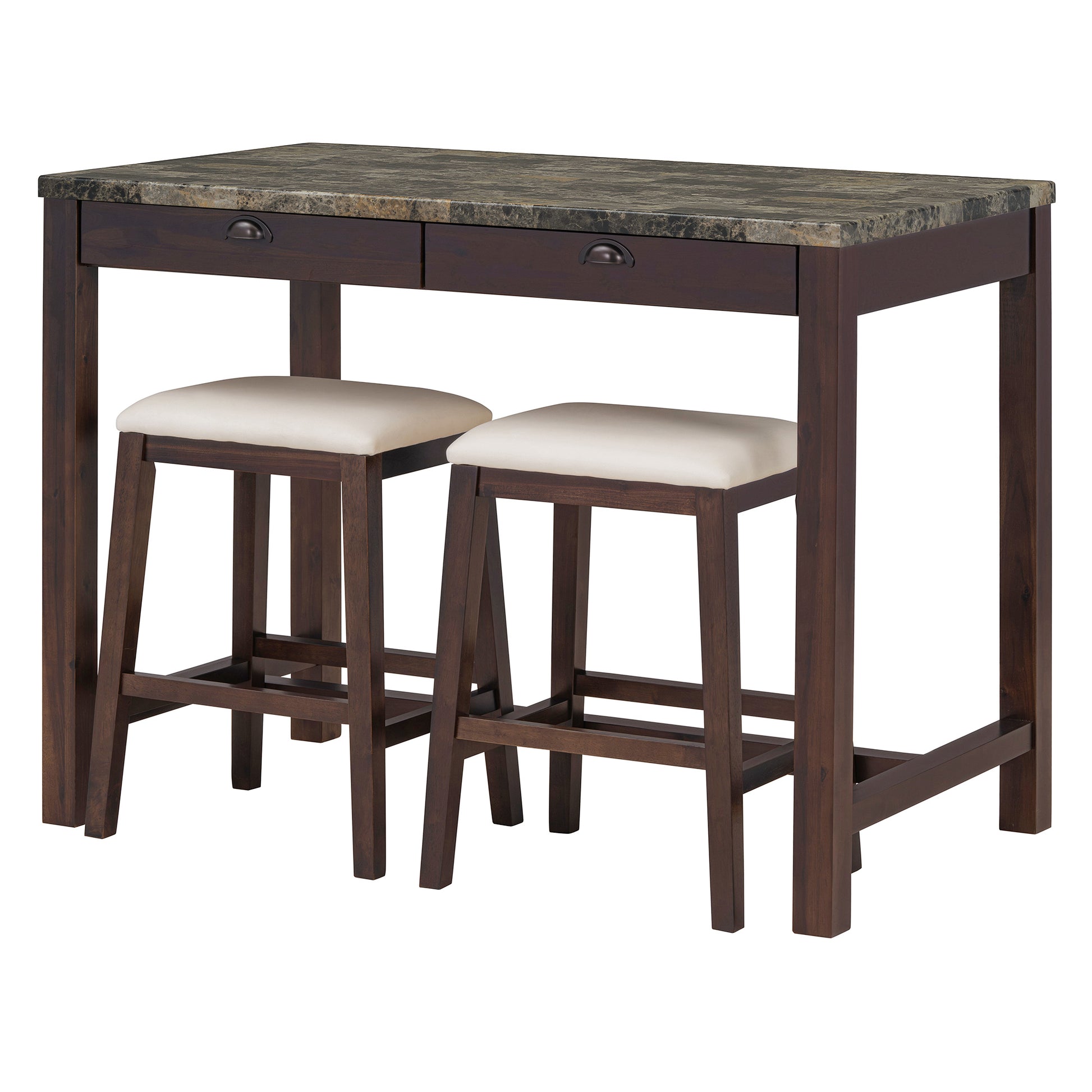 3 Piece Modern Faux Marble Versatile Bar Table Set With Storage Drawers And Padded Stools, Ideal For Space Saving Dining Nooks Or Small Kitchens Walnut Walnut Solid Wood Mdf