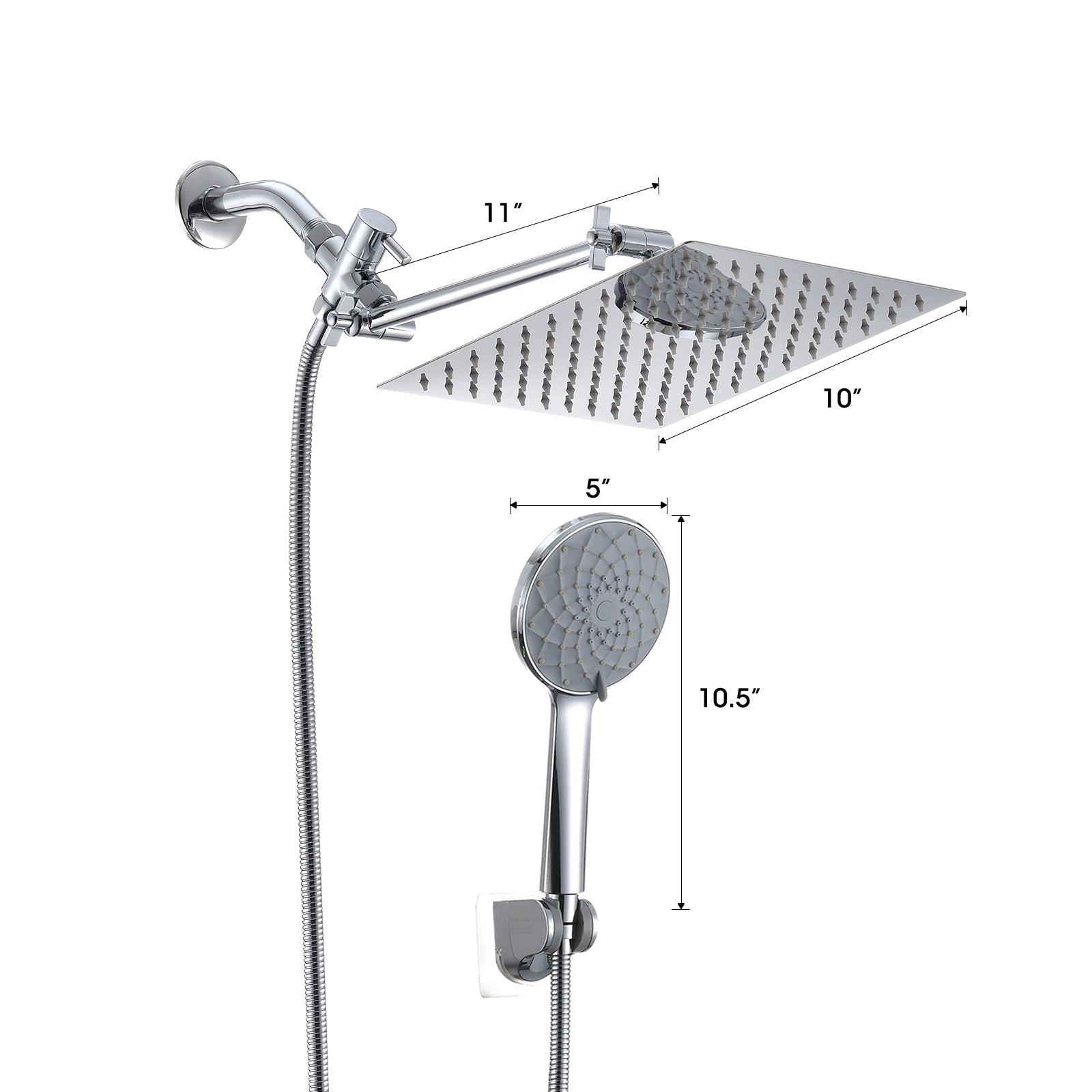 10" Chrome Rainfall Shower Head And Handheld Combo With 11" Extension Arm, 6 Spray Modes Chrome Stainless Steel