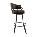 Mayla 30 Inch Swivel Bar Stool, Metal Flared Legs, Brown Faux Leather Brown Fabric Metal