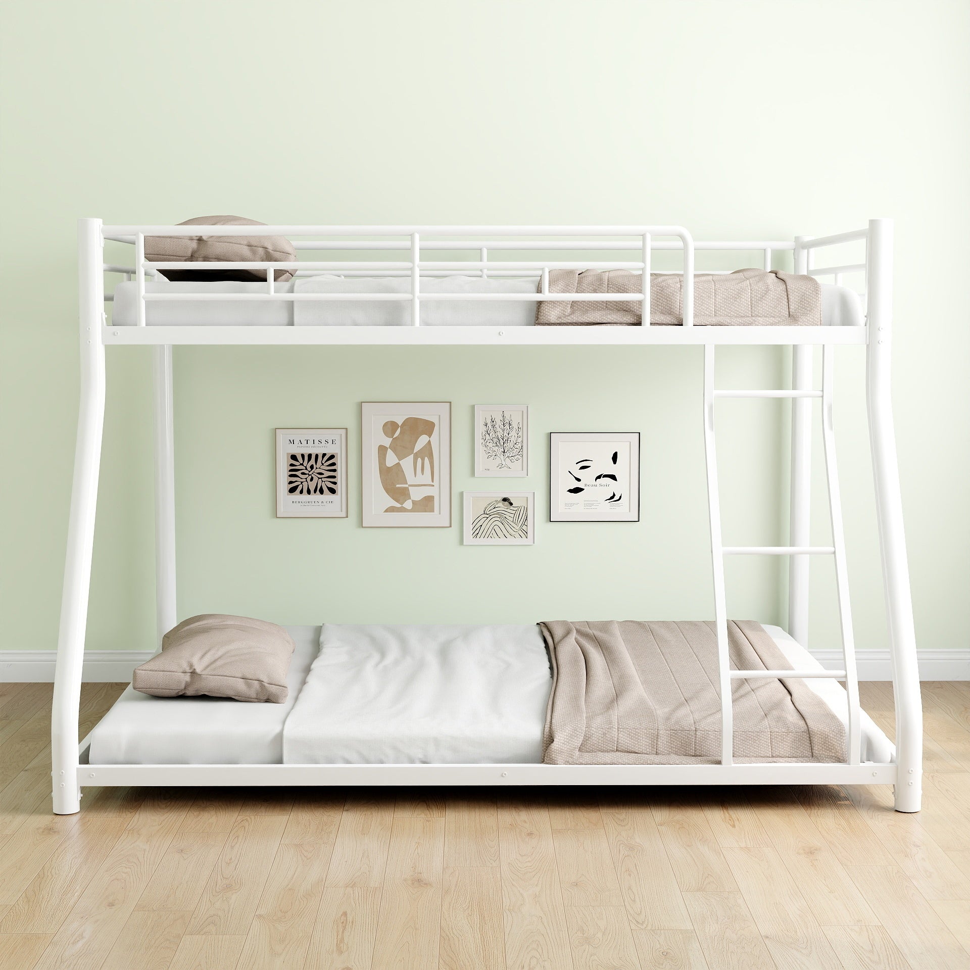 Metal Bunk Bed Twin Over Full Size With Removable Stairs, Heavy Duty Sturdy Frame With 12" Under Bed Storage For Teen & Adults, Teens, No Box Spring Needed, White Box Spring Not Required Full White Metal Bedroom Metal