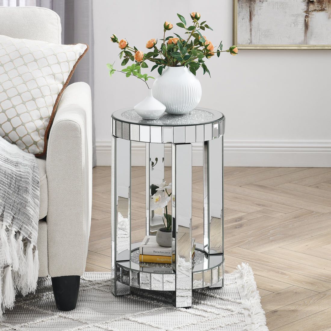 Mirror Round Table With Crystal Inlay, 2 Layer Modern Small Sofa Table With Storage Space, Silver Decorative Table Suitable For Living Room, Bedroom, Coffee And Small Spaces Mirrored Finish Primary