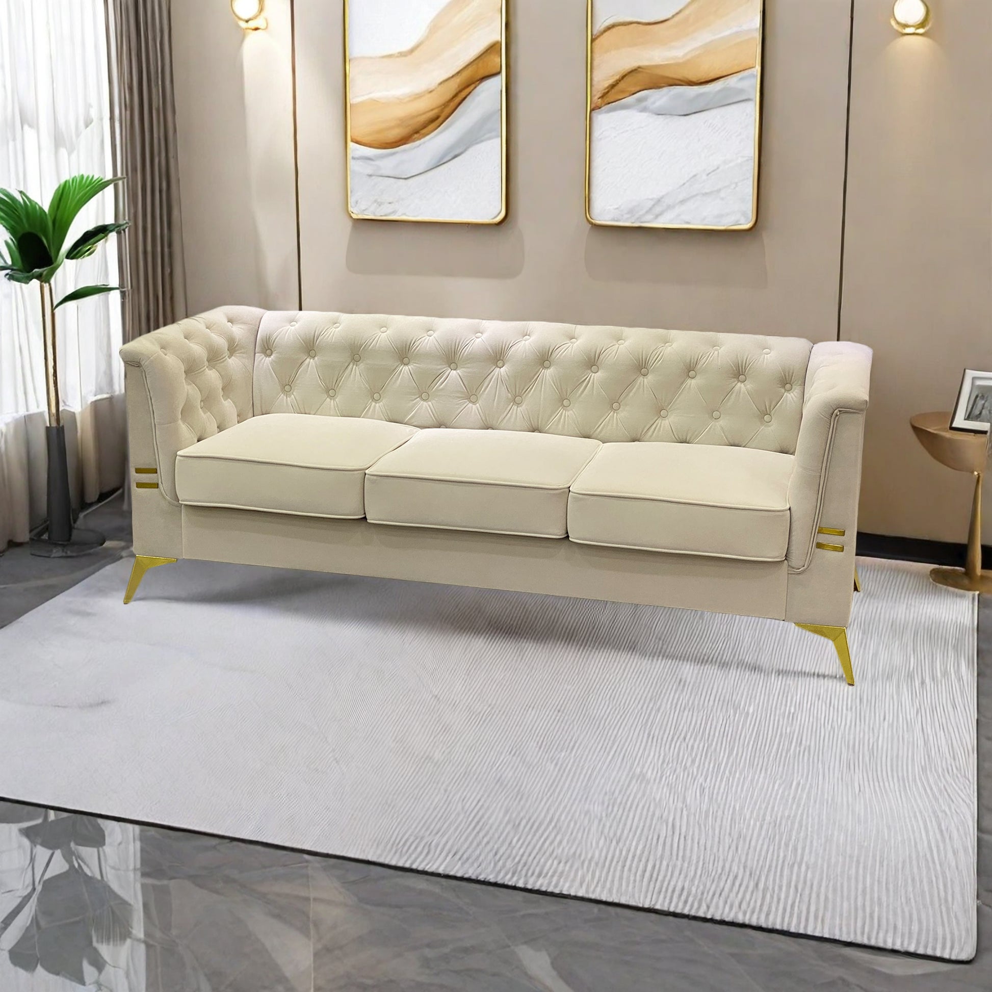 Fx P83 Cw Sofa Modern Velvet Living Room Chesterfield Design 82.7Inch Wide Sofa Cream White Color Beige Velvet 3 Seat