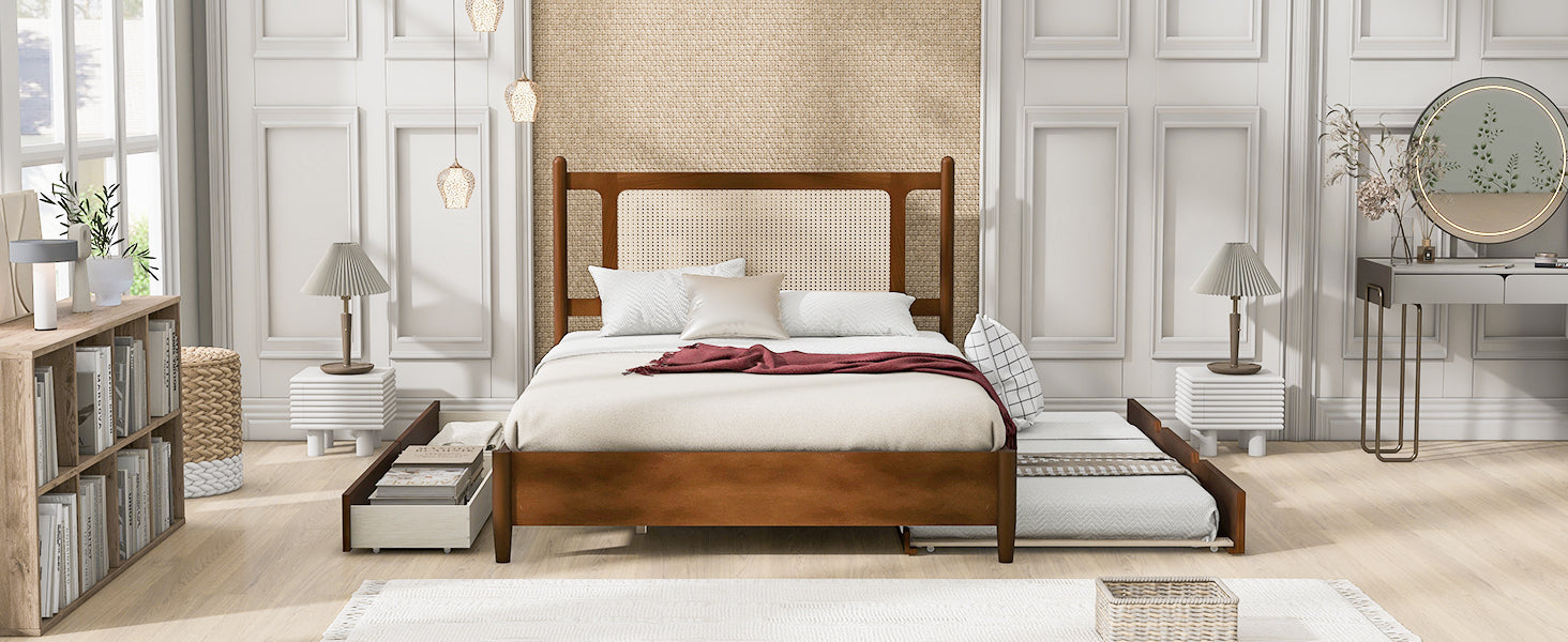 Queen Size Wooden Rattan Platform Bed, With 2 Big Drawers, T Size Trundle, Brown Queen Brown Plywood