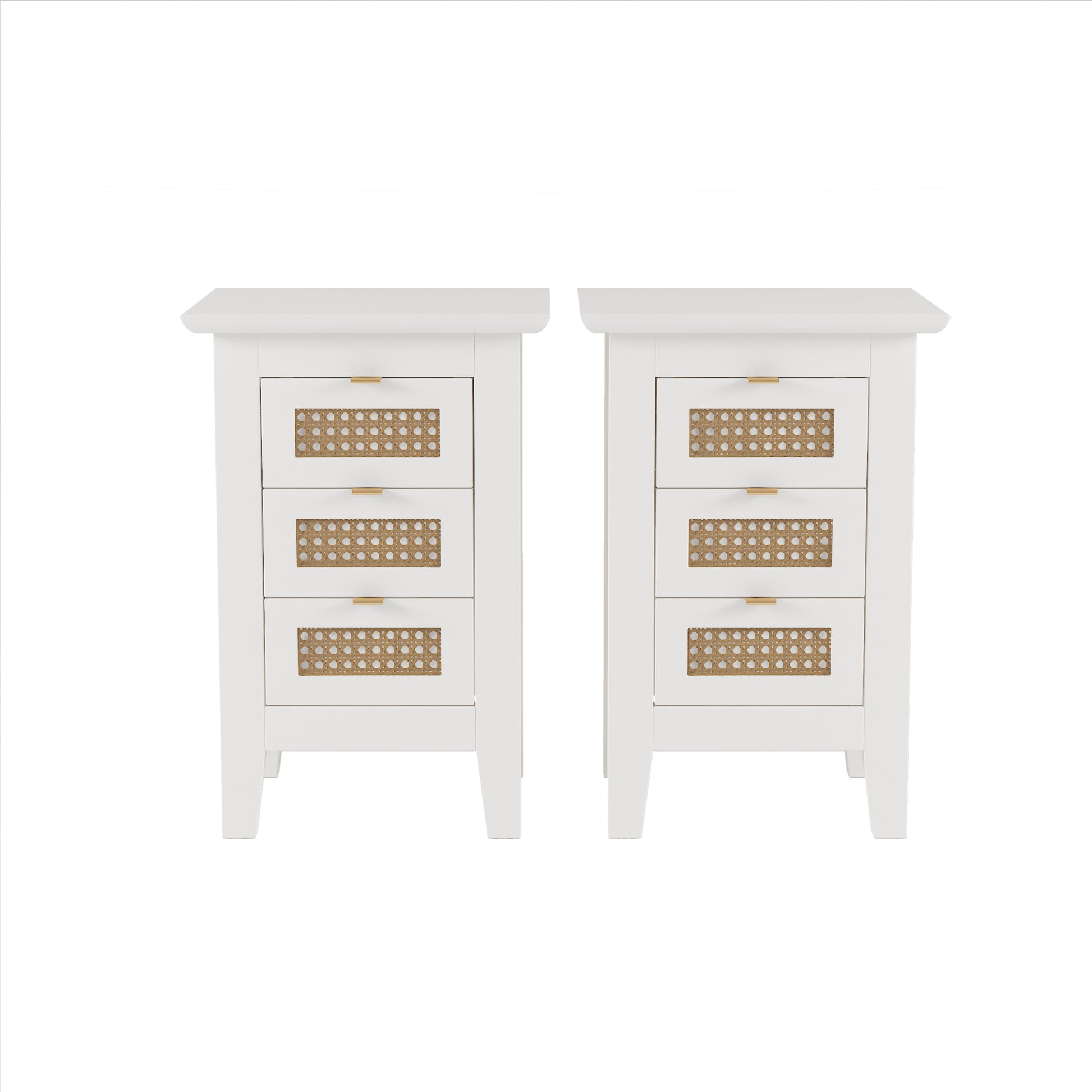 Wooden Nightstands Set Of 2 With Rattan Woven Surfaces And Three Drawers, Exquisite Elegance With Natural Storage Solutions For Bedroom, White White Particle Board