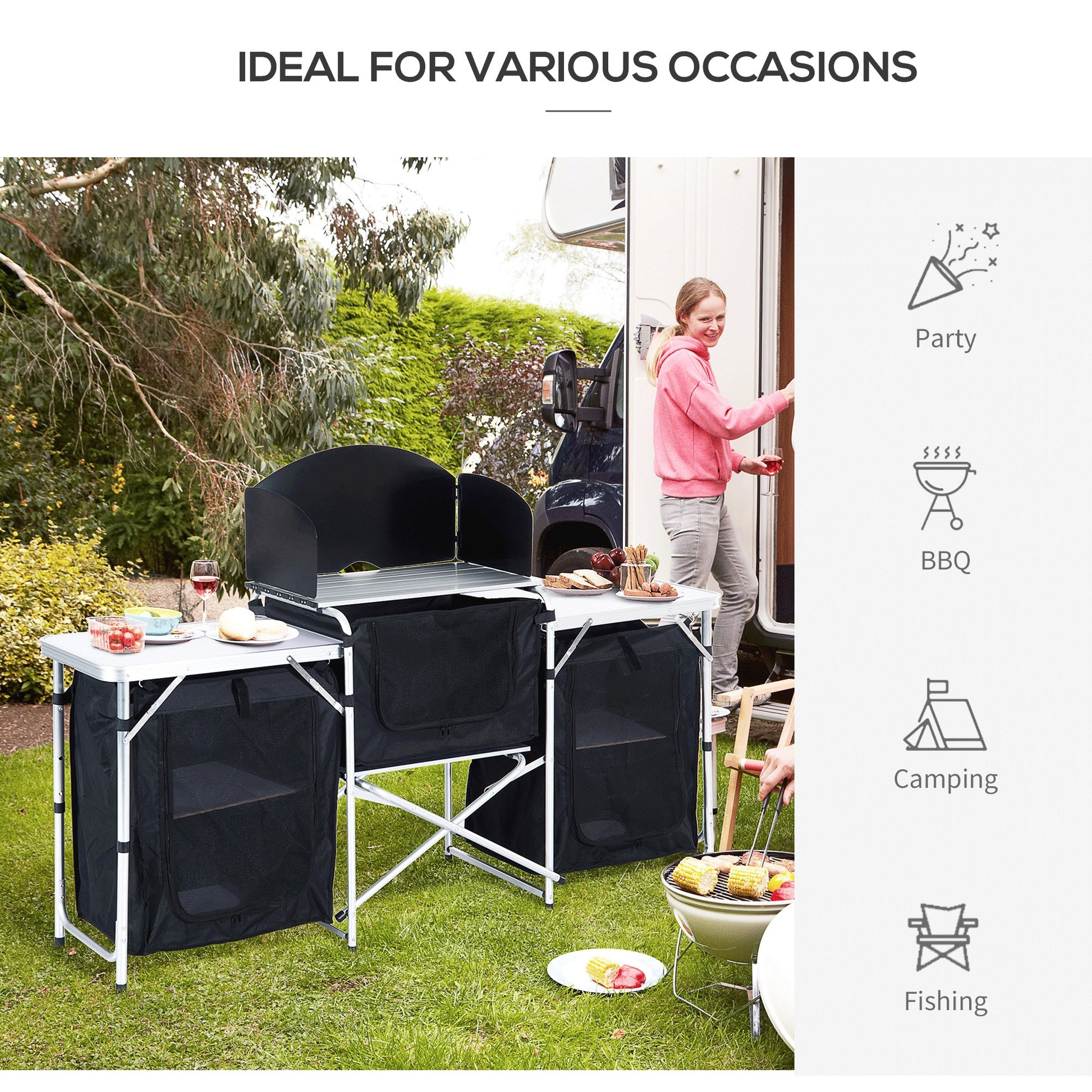 Outsunny Aluminum Portable Camping Kitchen Fold Up Cooking Table With Windscreen And 3 Enclosed Cupboards For Bbq, Party, Picnics, Backyards Colorful Aluminum