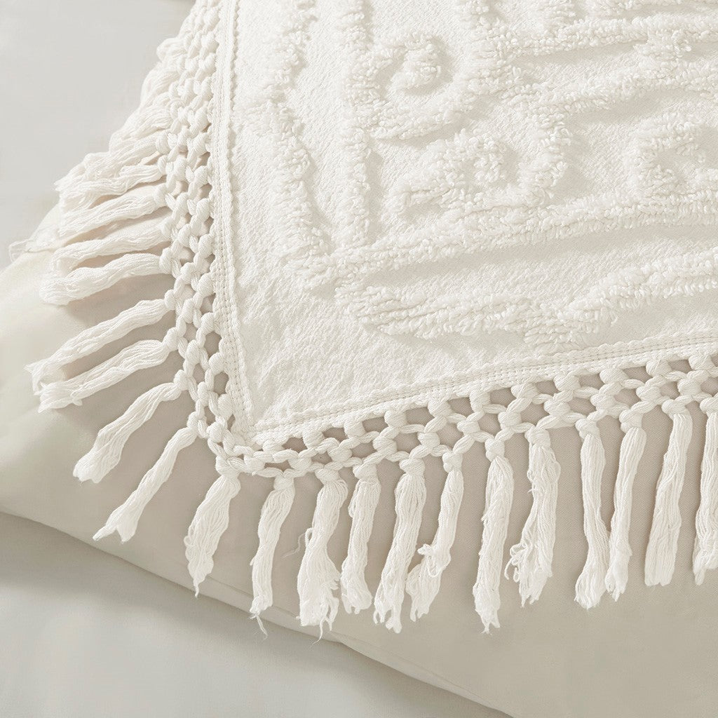 Tufted Cotton Chenille Medallion Fringe Coverlet Mini Set Off White Full Queen Full Off White Cotton