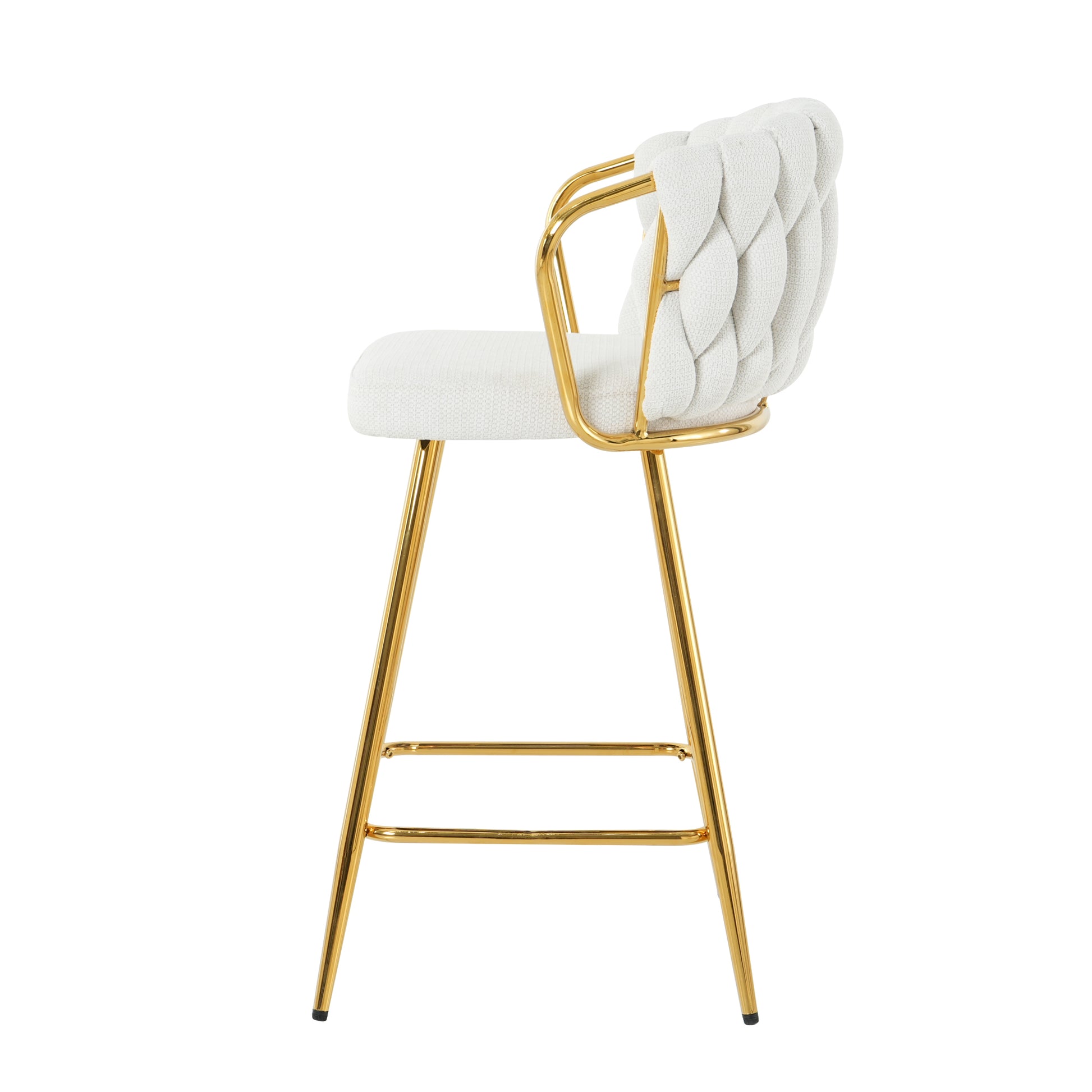 Stylish White Cotton And Linen Design, Gold Plated Metal Table Legs, Round Tempered Glass Countertop, Bar Chair Cover, Suitable For Bar, Restaurant, Bedroom Bar Chair, Set Of 3 Metal White Seats 2