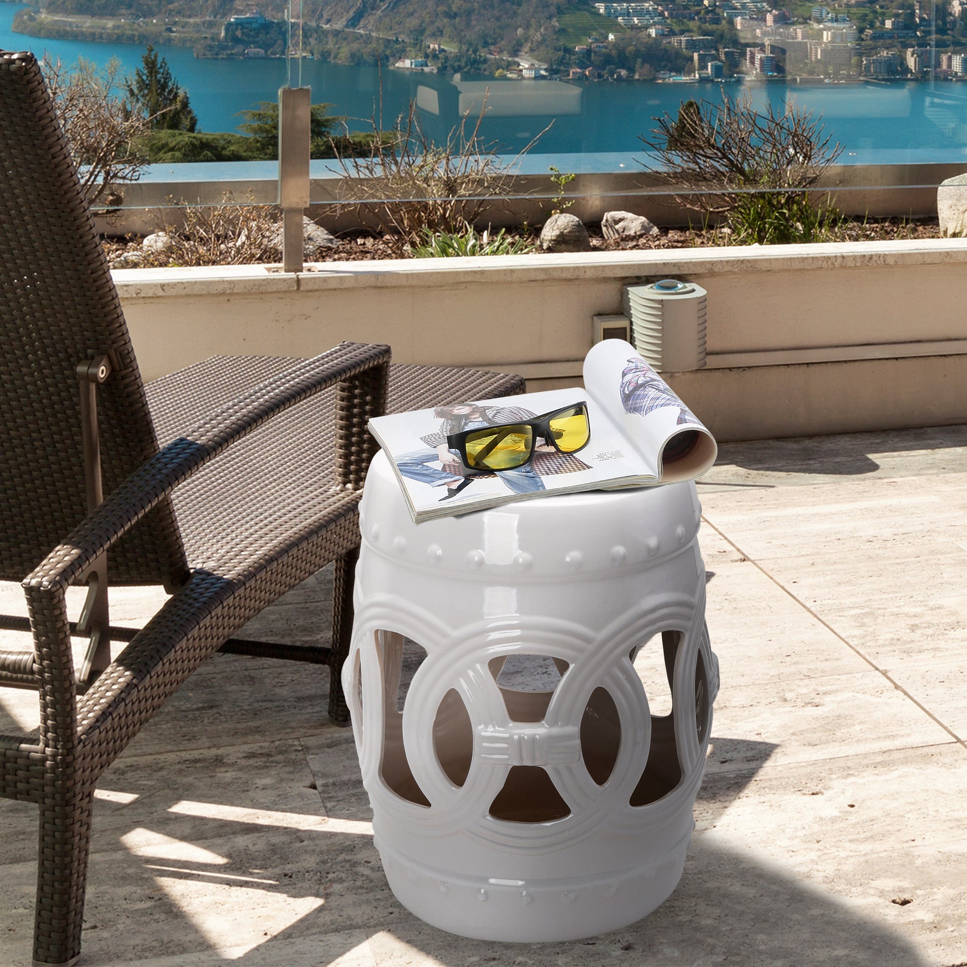 Outsunny 14" X 17" Ceramic Garden Stool With Double Coin Knotted Ring Design & Strong Glazed Material, Decorative End Table, Home Collection, White White Porcelain