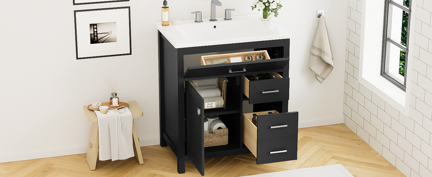 30 Inch Black Bathroom Vanity With Ceramic Sink And Large Storage Ideal Choice For Small Bathrooms Black Bathroom Solid Wood Mdf