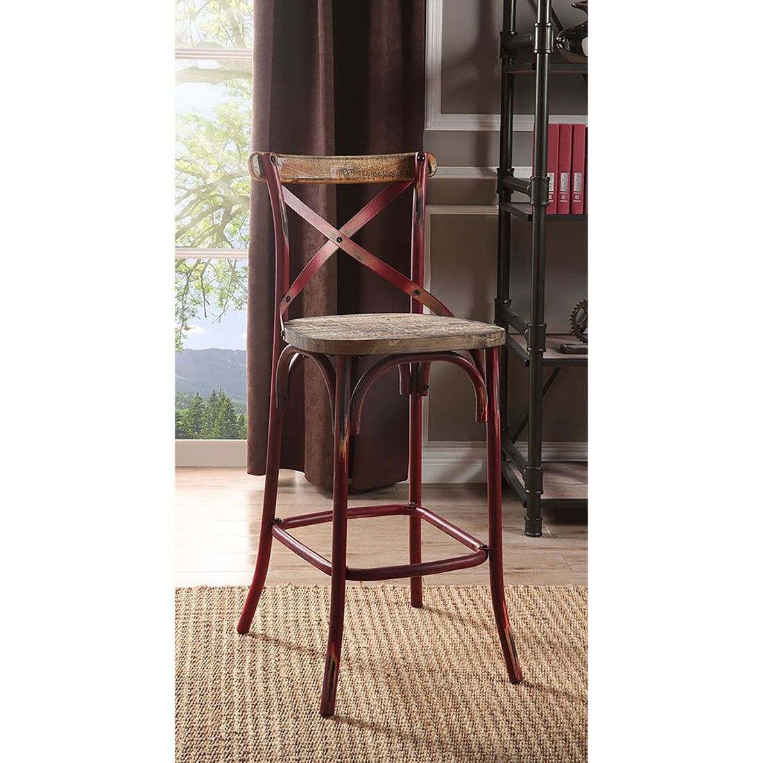 Antique Red And Antique Oak Bar Stool With Cross Back Oak Dining Room Vintage Bar Stools Fir Cross Back Wood Metal