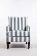 Upholstered Accent Chair, Vintage Armchair With Blue And White Striped Linen Fabric And Trim For Living Room Blue Cotton