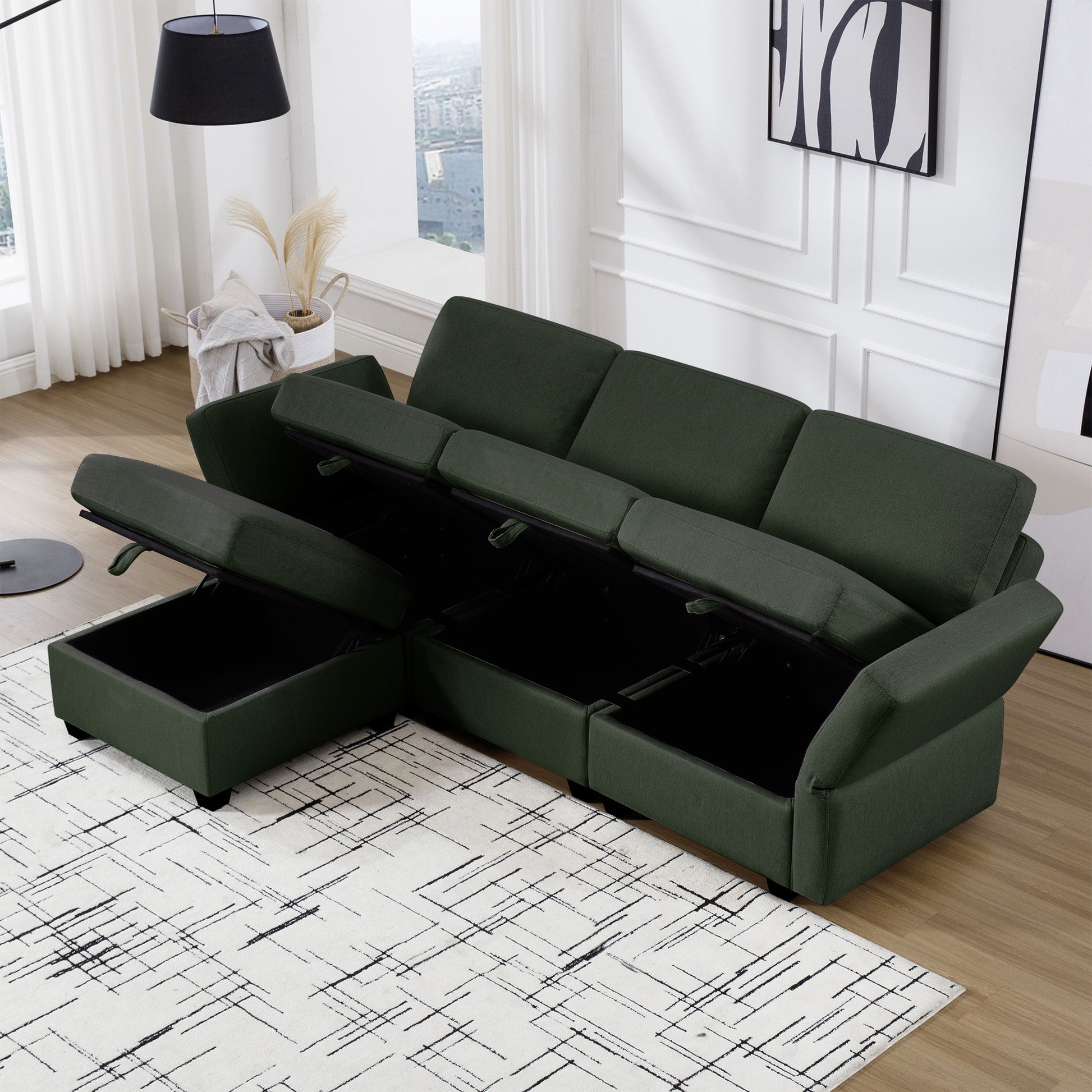Convertible Sectional Sofa With Chaise, L Shaped Sofa Couch Modular Sectional Sofa With Storage Seats, Adjustable Arms And Backs Green Green Polyester 3 Seat