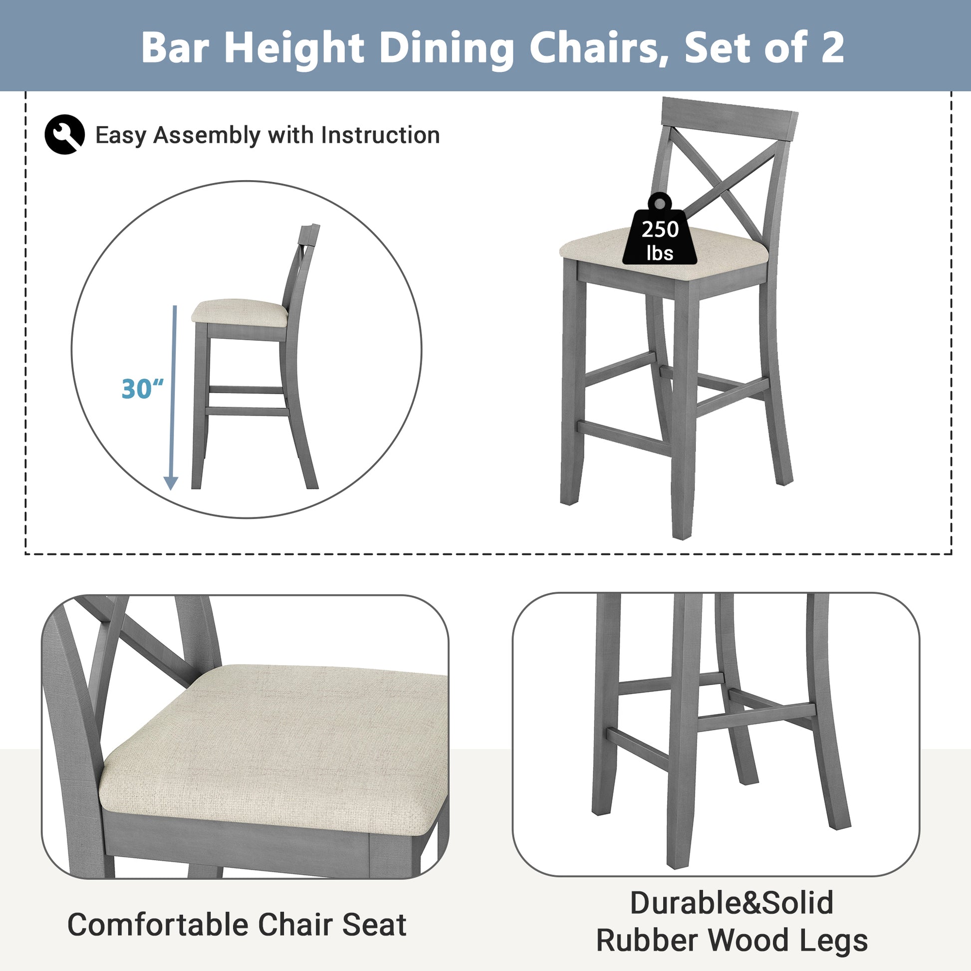 Farmhouse 48"Rectangular Wood Bar Height Dining Set Kitchen Breakfast Nook With 2 Chairs For Small Places,Gray Gray Wood Dining Room Solid Wood Acacia Rectangular Dining Table With Chair Upholstered Chair Wood Gray Solid Back Seats 2 48 Inches Farmhouse