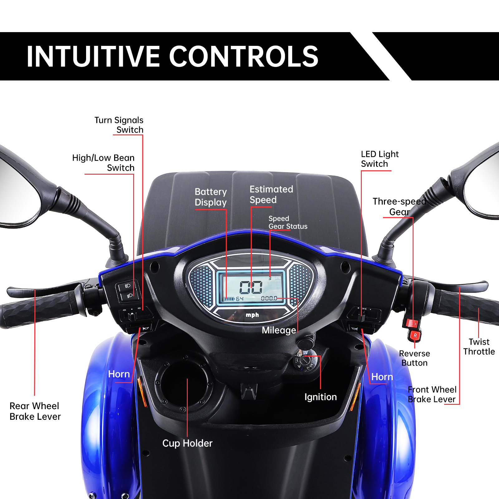Xl3D4L Electric Mobility Recreational Travel Scooter For Adults,Mobility Scooters For Seniors, 4 Wheel Powered Mobility Scooters Blue Abs Pc Abs Pc
