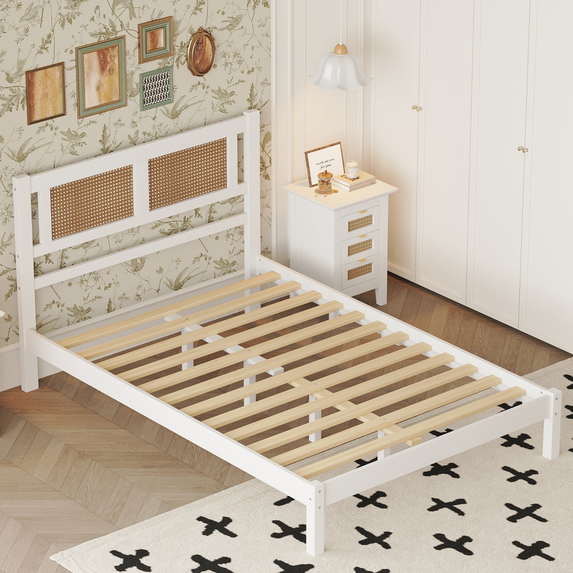 Full Size Wooden Platform Bed With Natural Rattan Headboard, Exquisite Elegance With Minimalist Charm For Bedroom, White White Particle Board