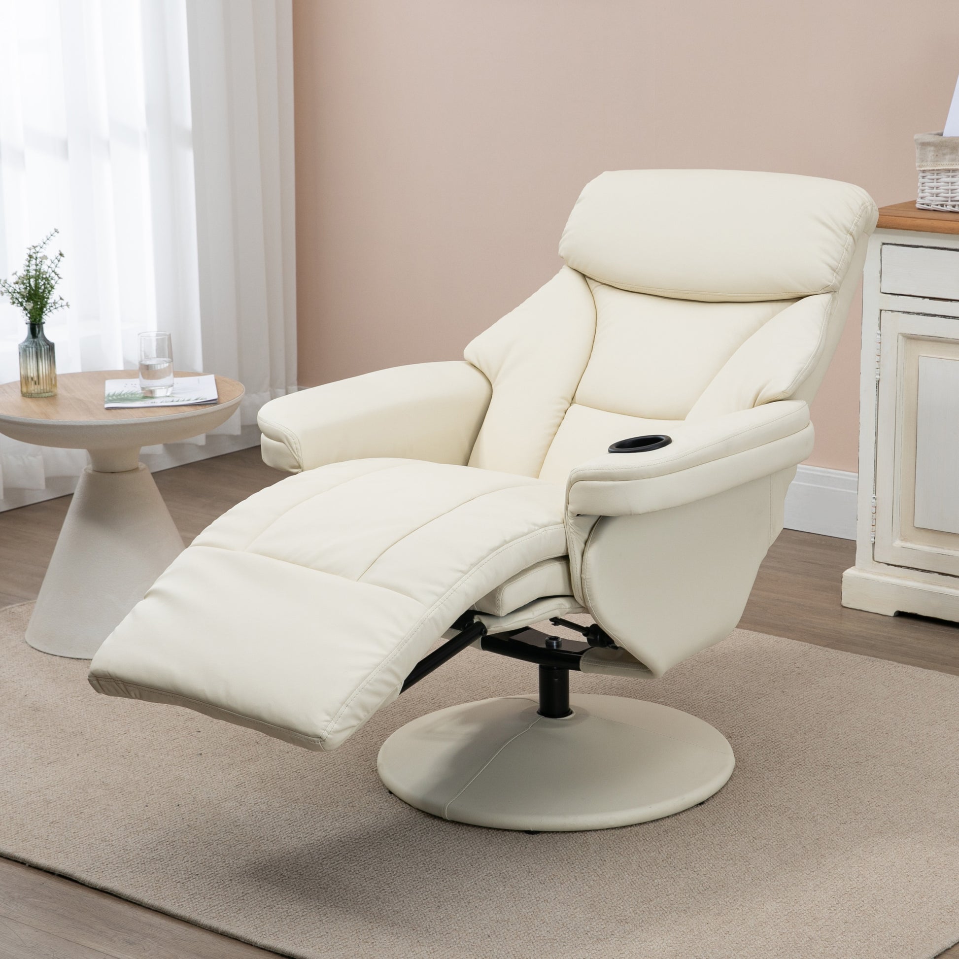 Homcom Manual Recliner, Swivel Lounge Armchair With Side Pocket, Footrest And Cup Holder For Living Room, Cream White Cream White Pu Leather