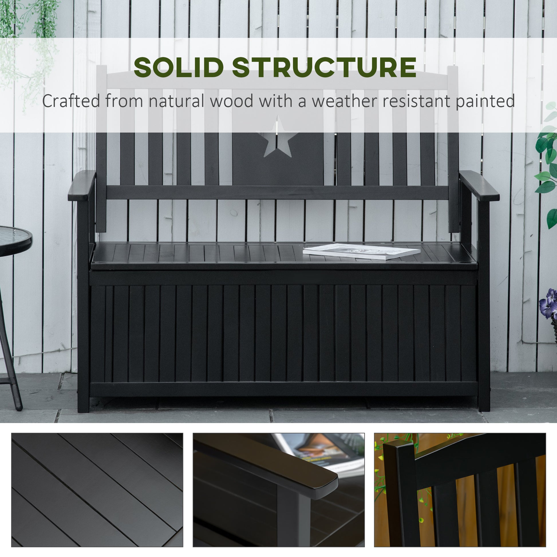 Outsunny Outdoor Storage Bench, 43 Gallon Deck Box With Armrests, Outdoor Storage Box For Patio Furniture Cushions And Garden Tools, Black Black Wood