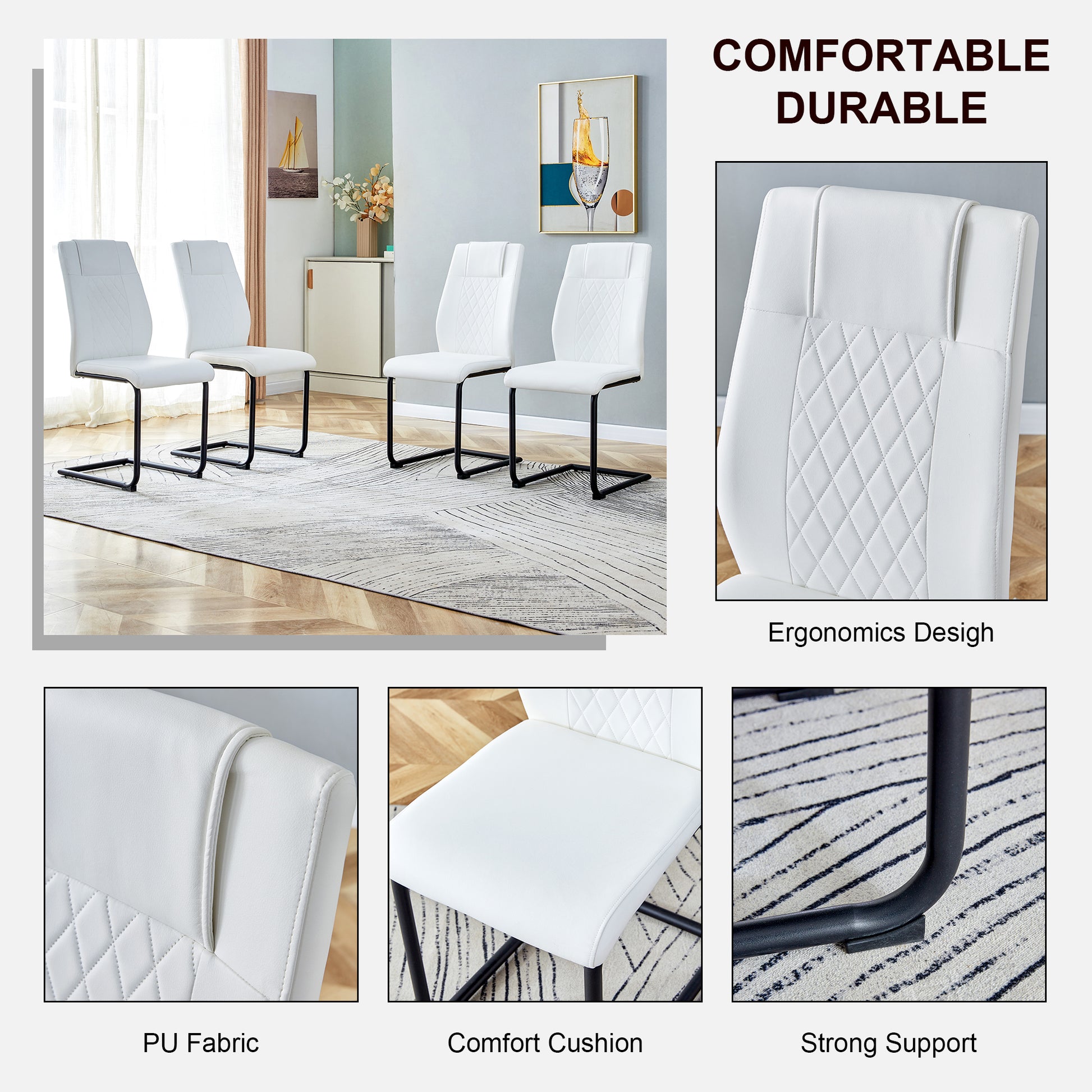 Table And Chair Set, Modern And Minimalist Dining Table, Imitation Marble Patterned Tabletop, Mdf Legs With U Shaped Brackets. Paired With Comfortable Chairs, Suitable For Dining And Living Rooms. Black Mdf Glass