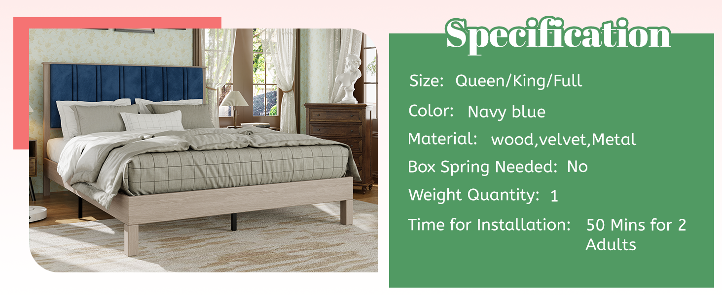 King Bed Frame, Wood With Wood Headboard Bed Frame With Upholstered Headboard Wood Foundation With Wood Slat Support No Box Spring Needed Easy Assembly Box Spring Not Required King Antique Grey White Wood Bedroom Pine Bed Frame Metal & Wood