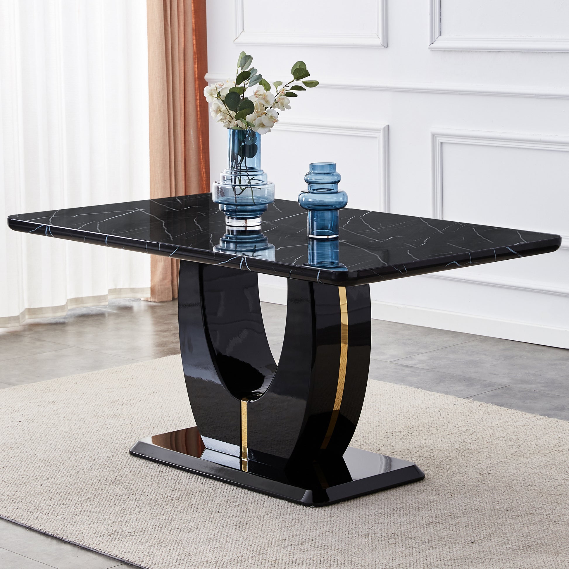 Modern Simple And Luxurious Black Imitation Marble Grain Mdf Dining Table,Rectangular Office Table.Computer Table.Game Desk .Dining Table.For Dining Room, Living Room, Kitchen .63''*37''*30'' F 1280