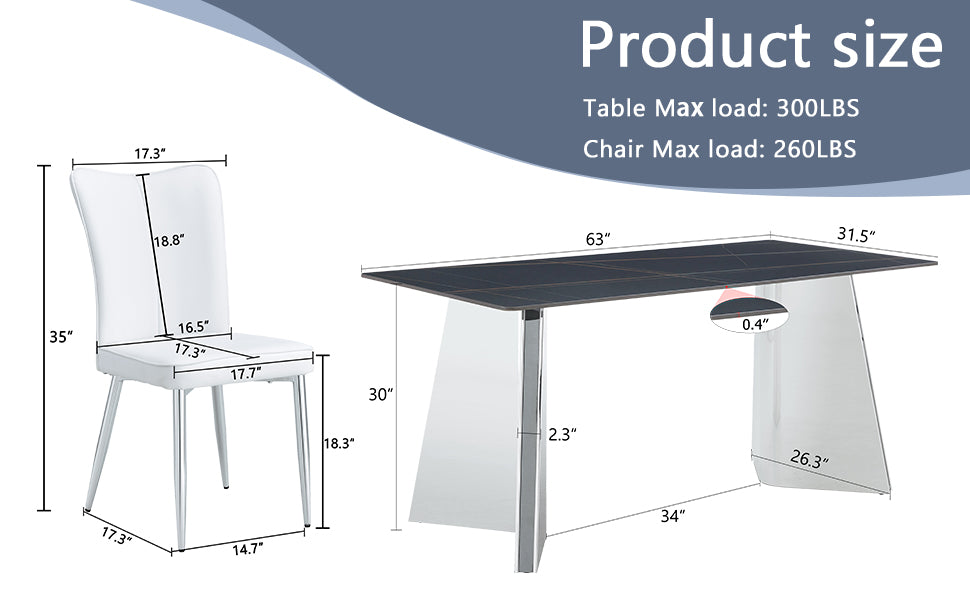 Table And Chair Set.63"X31.5X30" Black Marble Patterned Slabs Tabletop With Stainless Steel Butterfly Legs.Paired With 6 White Pu Dining Chairs With A Vertical Stripe Design On The Backrest. White