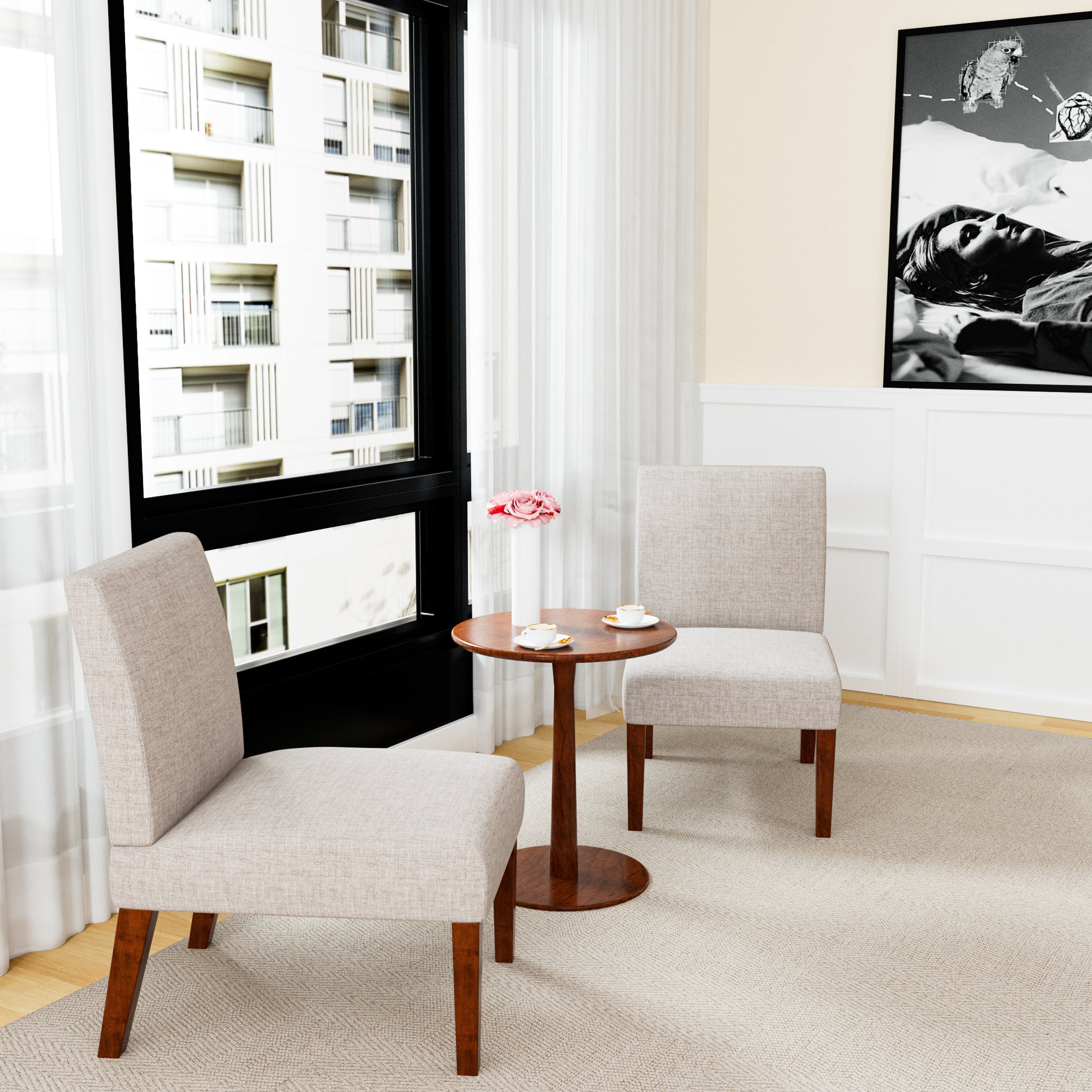 Fabric Accent Chair Set Of With Round Wood Table, Decorative Slipper