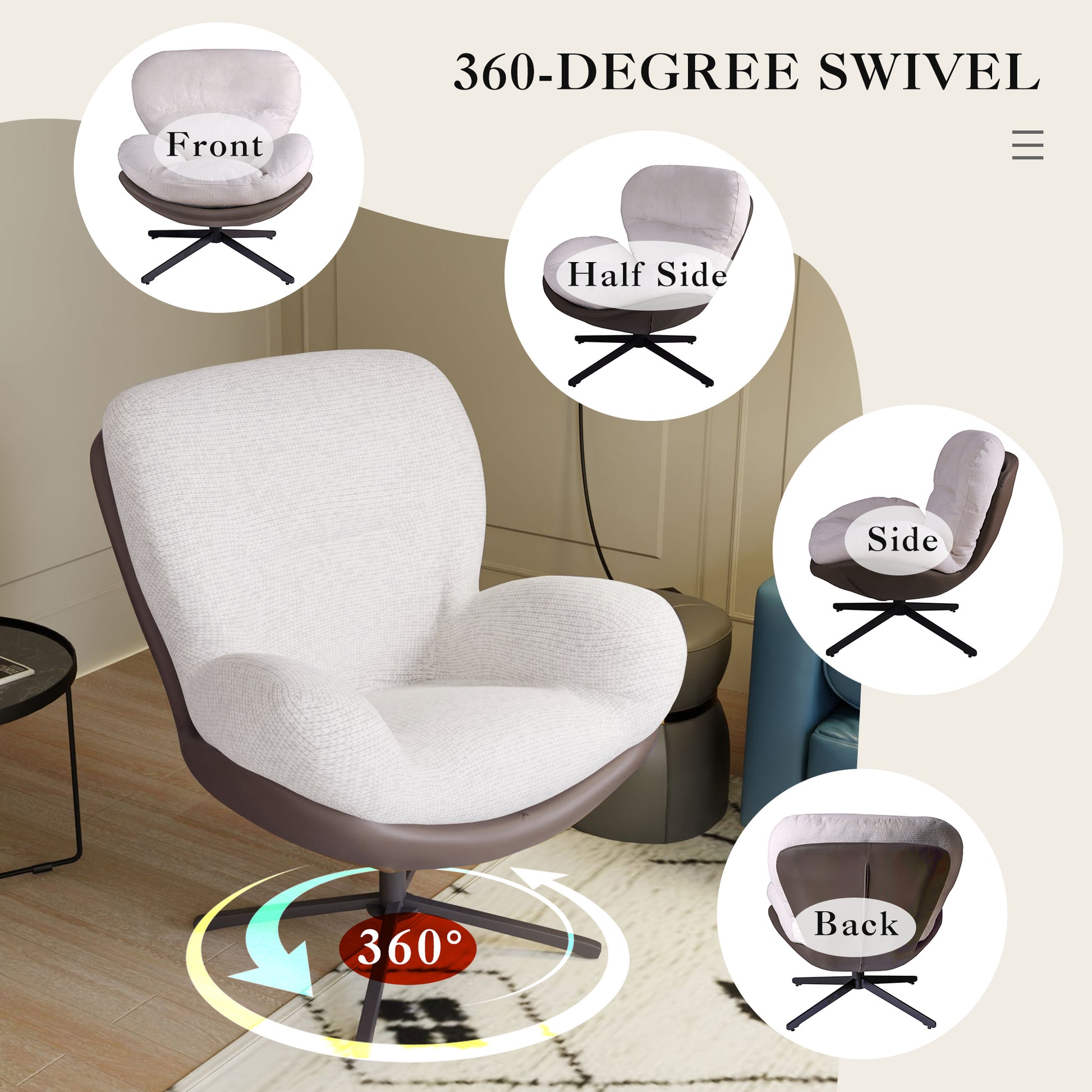 360 Swivel Accent Chair, Modern Chenille Lounge Chair With Faux Leather And Black Metal Base Frame, Comfortable Reading Chair For Small Spaces, Living Room, Bedroom, Reading Corner, Office White Brown White Brown Primary Living Space Art