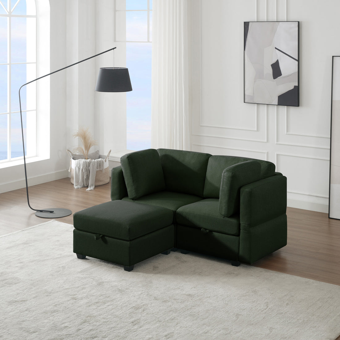 Space Saving Small Sectional Sofa With Ottoman, 2 Seater Sofa With 1 Ottoman, All Seats And Ottomans With Storage Function Green Green Polyester 2 Seat