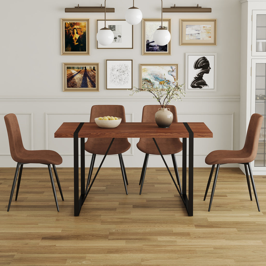 Table And Chair Set. A Minimalist Retro Rectangular Dining Table With A Specially Textured Top And Black Metal Legs, Paired With Soft Chairs And Black Metal Legs, Showcases A Beautiful Home Style.