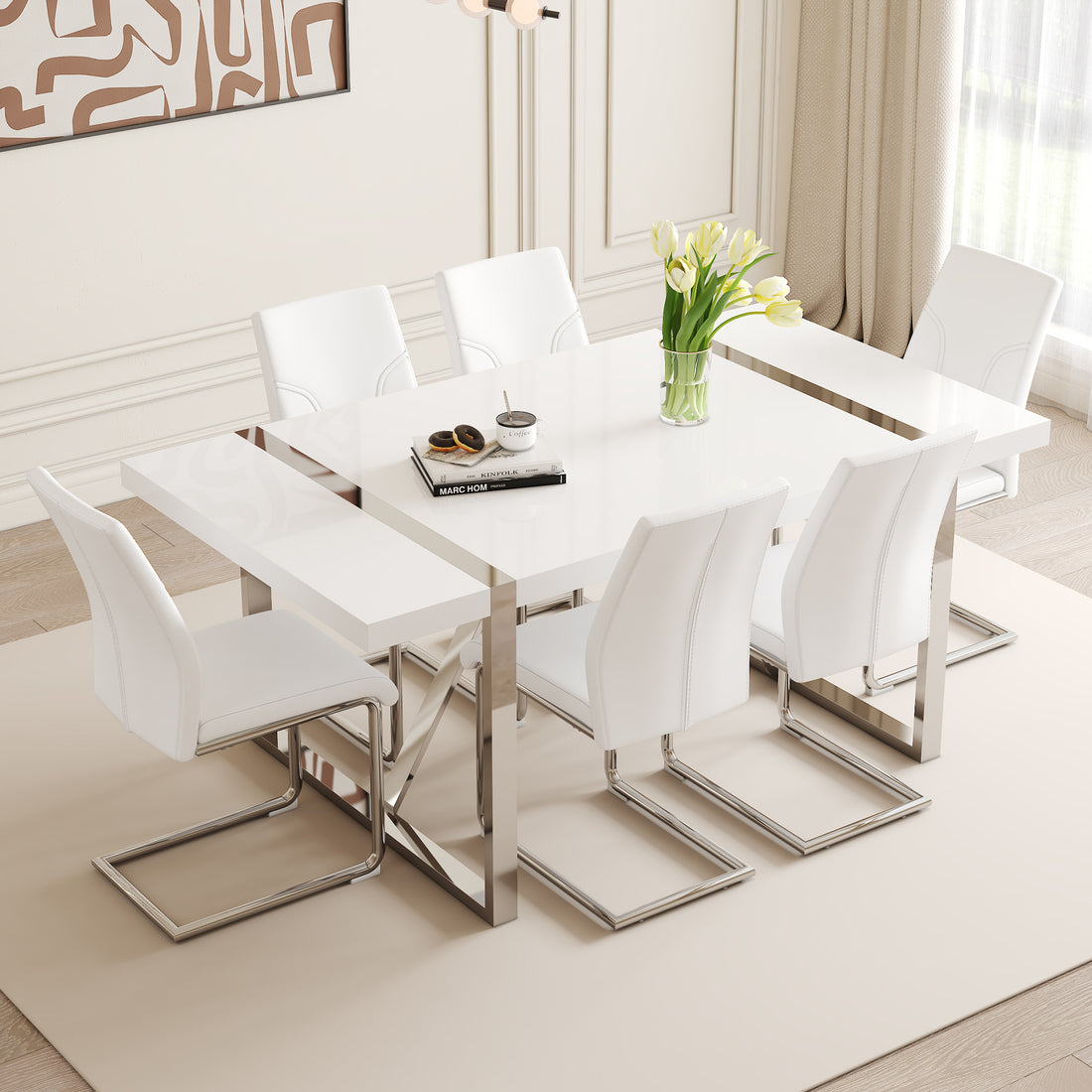 Table And Chair Set.71"X39.3" White Mdf Painting Dining Table Set With 6 White Pu Chairs.Showcasing A Modern And Stylish Look.Suitable For Dining Room.Mdf Painting,Iron Pipe Plating,Pu Chiairs.