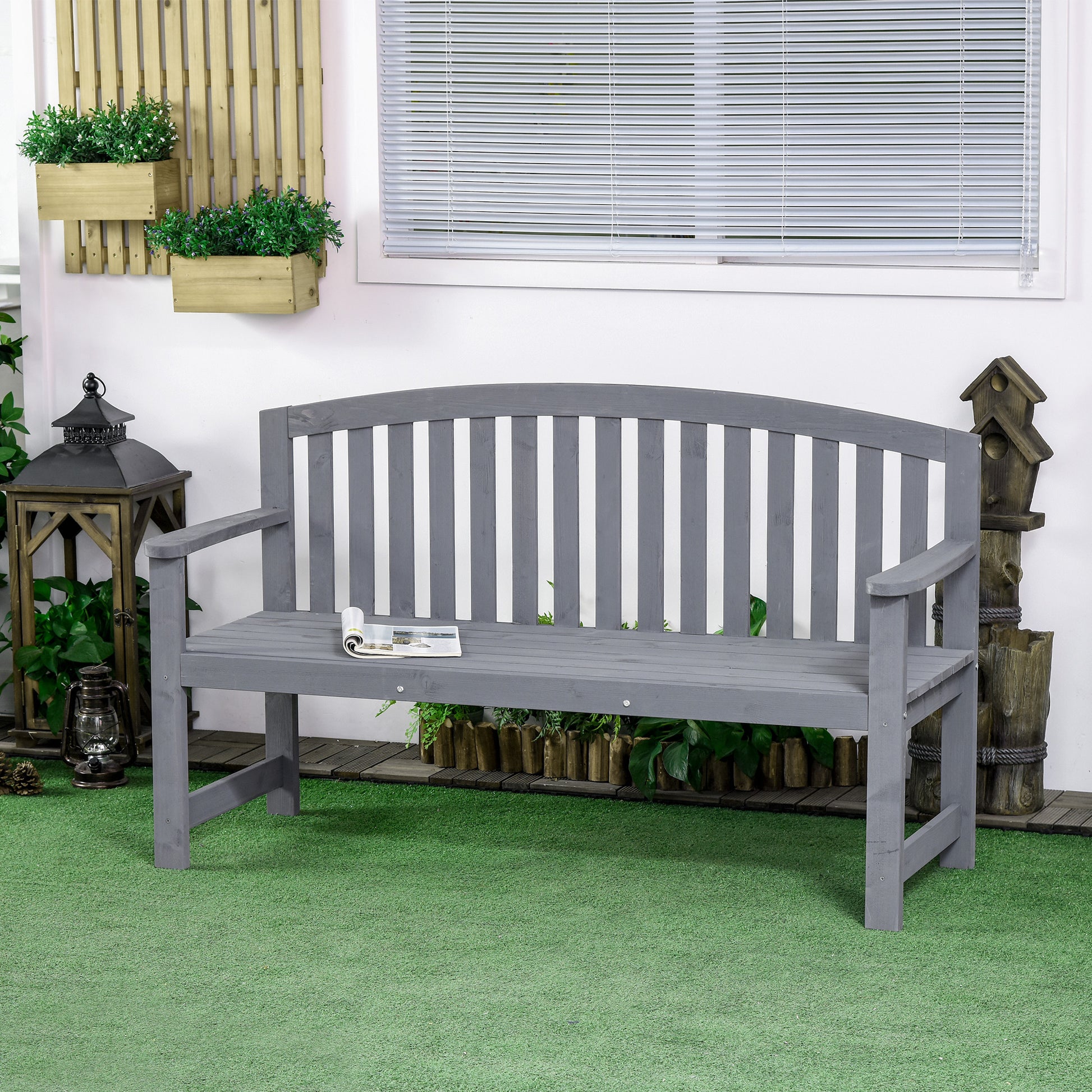 Outsunny 56" Outdoor Wood Bench, 2 Seater Garden Bench With Backrest And Armrest, Patio Bench For Patio, Porch, Poolside, Balcony, Gray Gray Wood