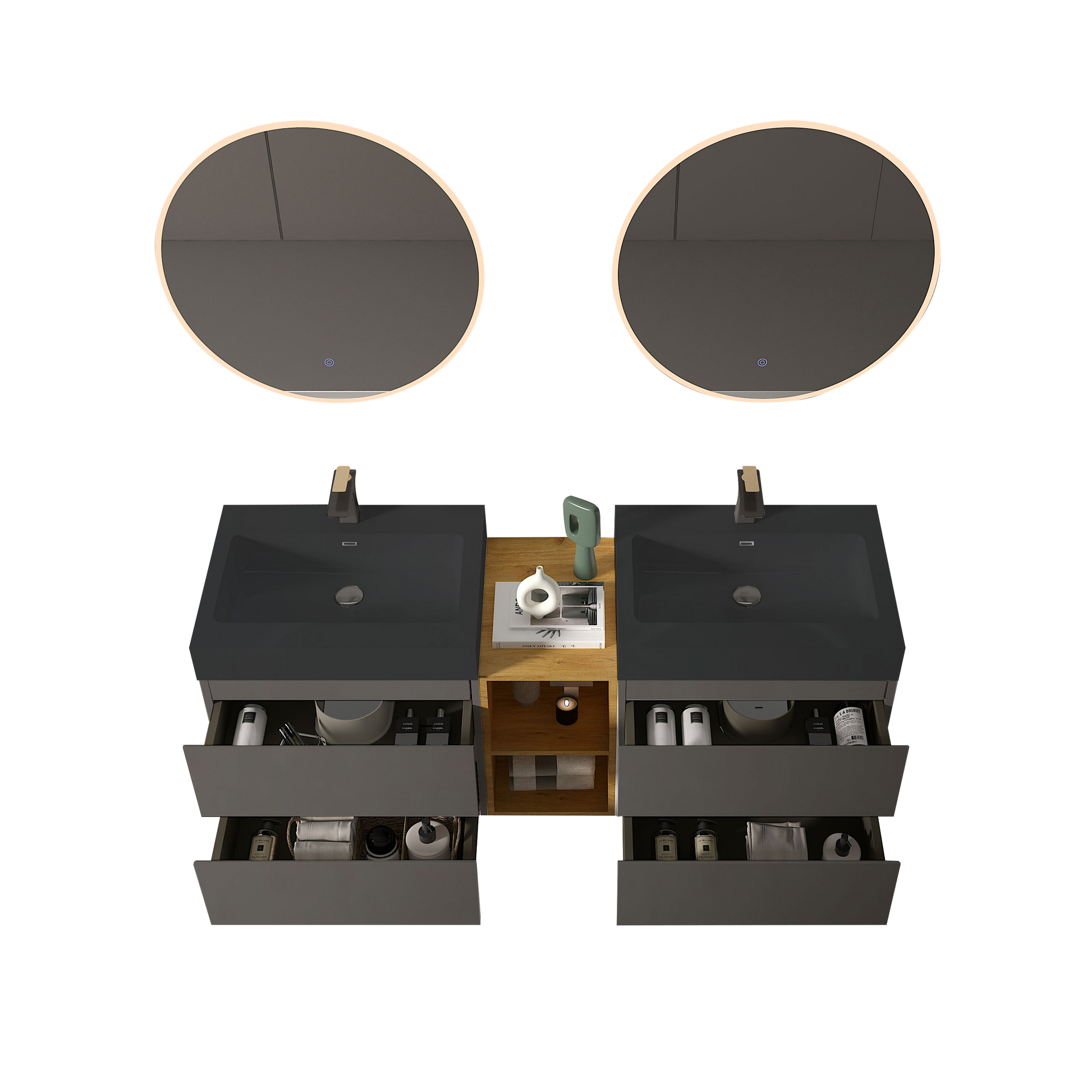 U096 Alice72W 102 Alice 72" Space Gray Bathroom Vanity With Double Sinks And Open Shelf, Modern Wall Mounted Floating Bathroom Vanity, One Piece Sink Basin Without Drain And Faucet Light Gray Bathroom Modern Engineered Wood