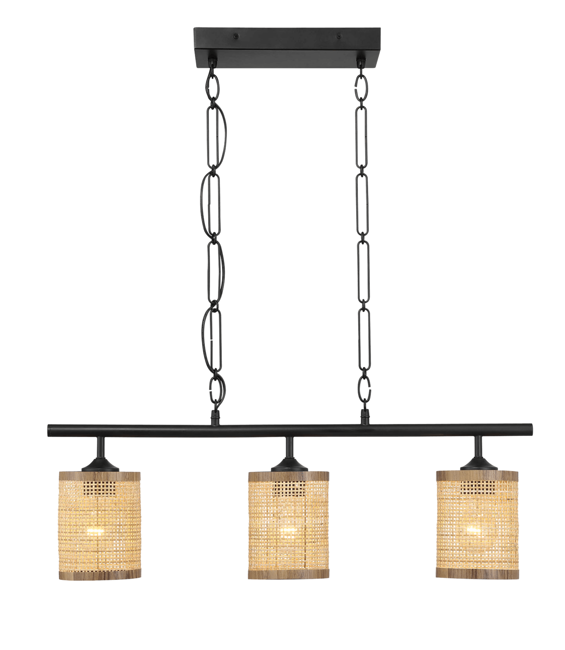 Elysian Three Lights Island With Natural Rattan Shade Farmhouse Chain Ceiling Lamp Black,Rattan Ceiling Lights Farmhouse Metal,Rattan