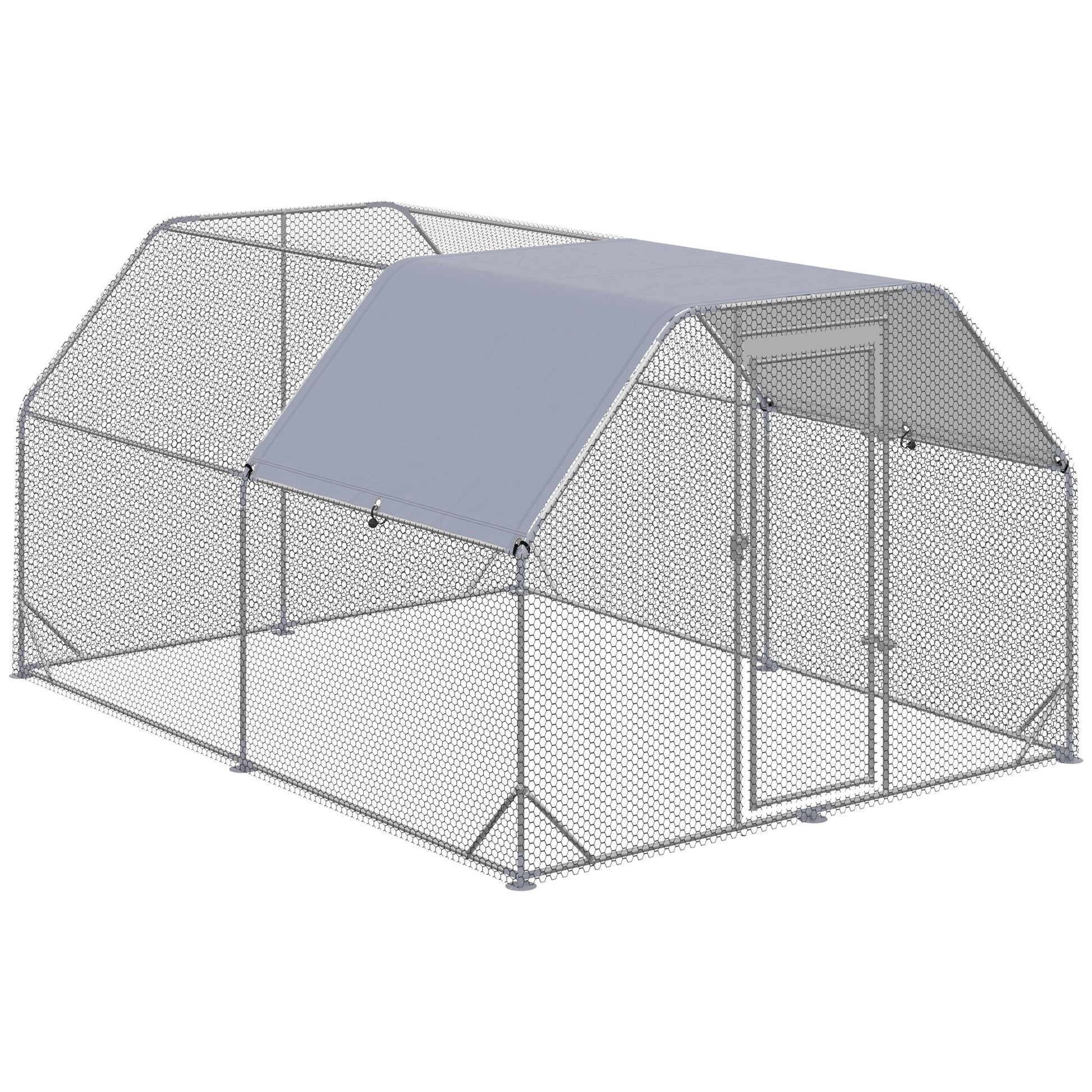 Pawhut Large Chicken Coop Metal Chicken Run With Waterproof And Anti Uv Cover, Flat Shaped Walk In Fence Cage Hen House For Outdoor And Yard Farm Use, 1" Tube Diameter, 9.2' X 12.5' X 6.4' Silver Steel