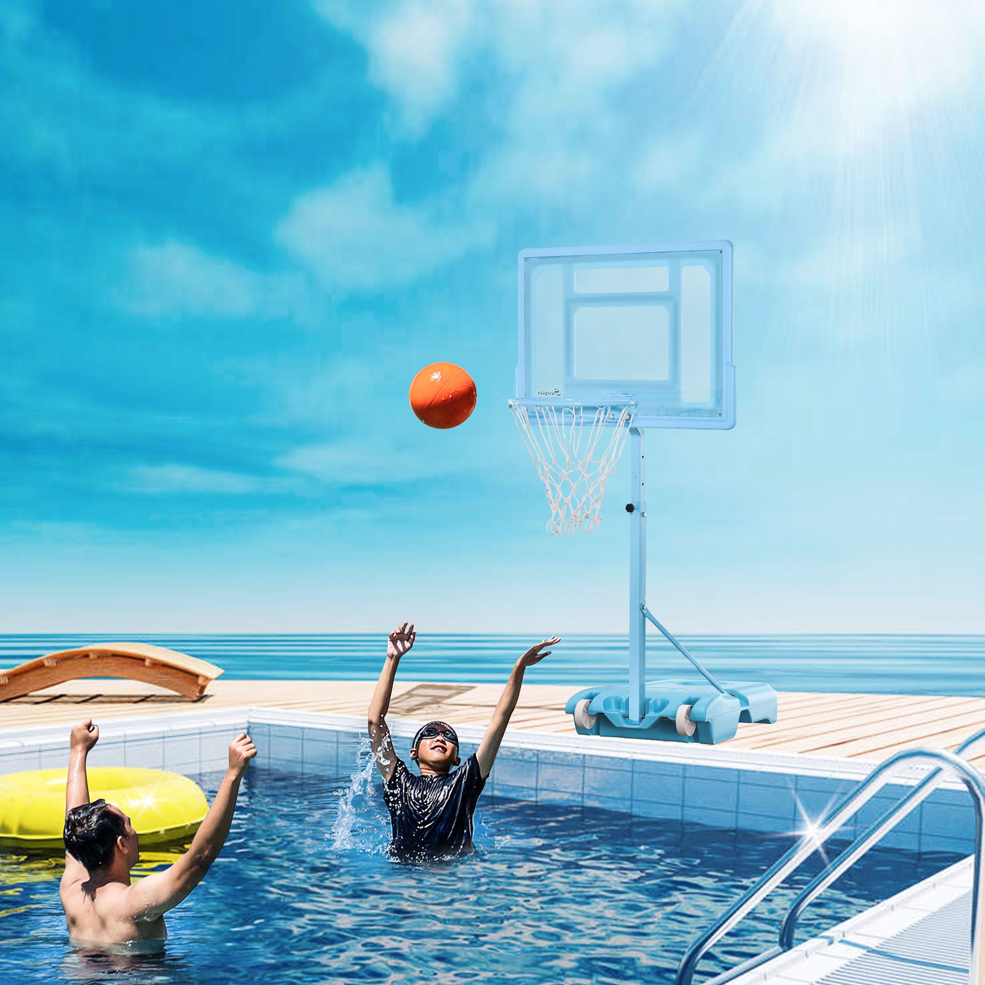 Soozier Poolside Basketball Hoop Stand, 36.5" 48.5" Height Adjustable Portable Hoop System W Clear Backboard & Fillable Base For Whole Family, Blue, White Blue Steel