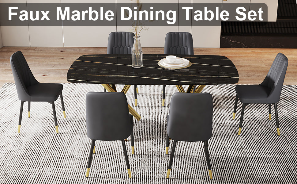 Large Modern Minimalist Rectangular Dining Table With 0.39 "Imitation Marble Black Desktop And Gold Metal Legs, Paired With 6 Chairs With Pu Cushions And Black Metal Legs.F 1538 C 007 Black Gold Glass Metal