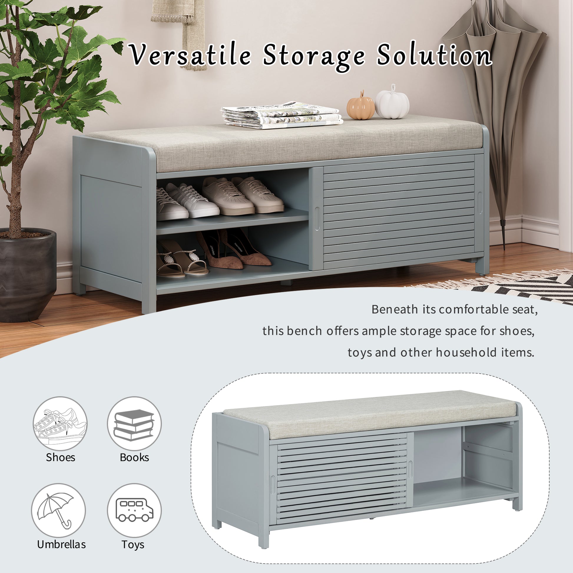 Distressed Shutter Storage Bench With Acacia Veneer For Retro Charm For Living Room, Entryway Grey Grey Mdf