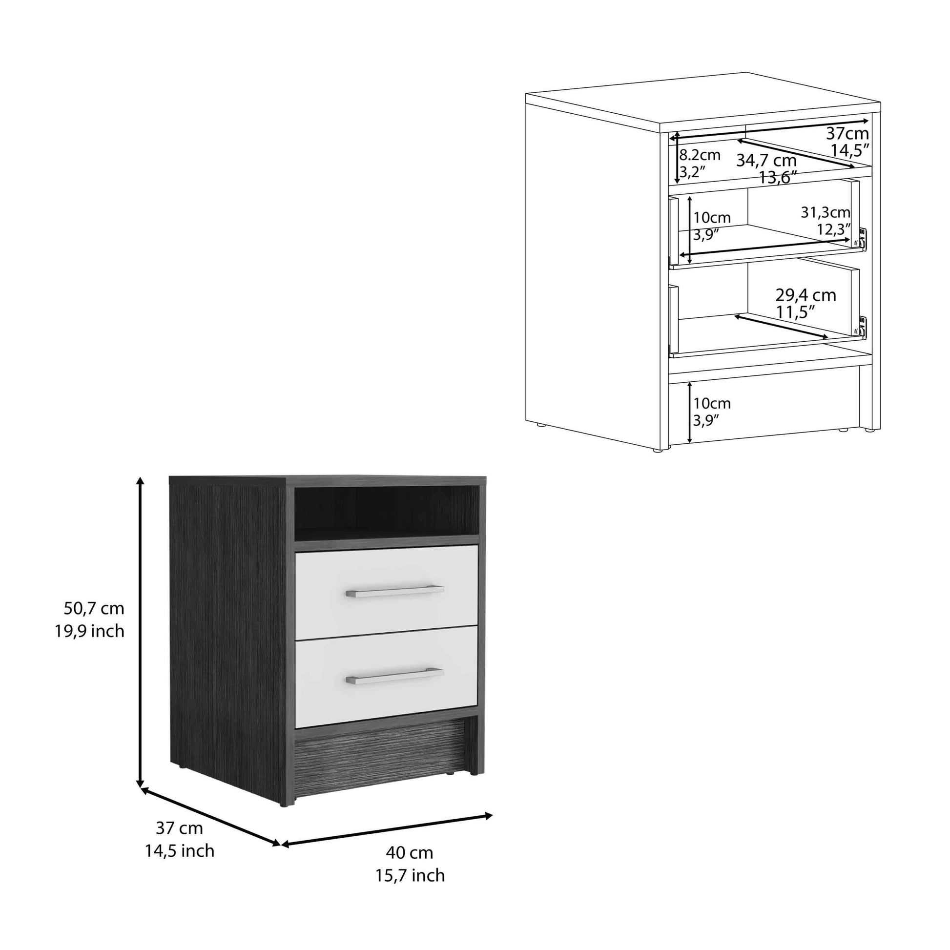 Nightstand 20"H, Two Drawers, Superior Top, Metal Handles, Smokey Oak White Multicolor Particle Board Particle Board