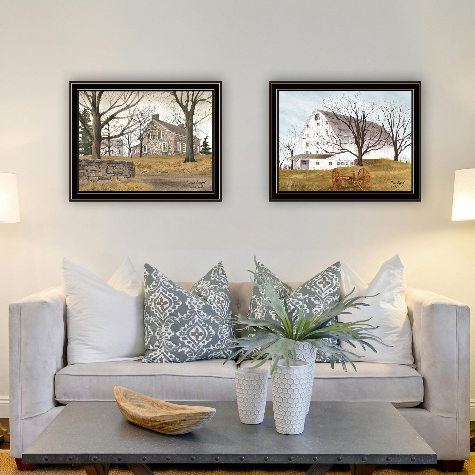 2 Piece Vignette Stone Cottage Farmhouse & White Wooden Barn With Hay Rake Black Framed Wall Art For Living Room, Bedroom Wall Art Print For Home Decor By Billy Jacobs Multicolor Wood Paper