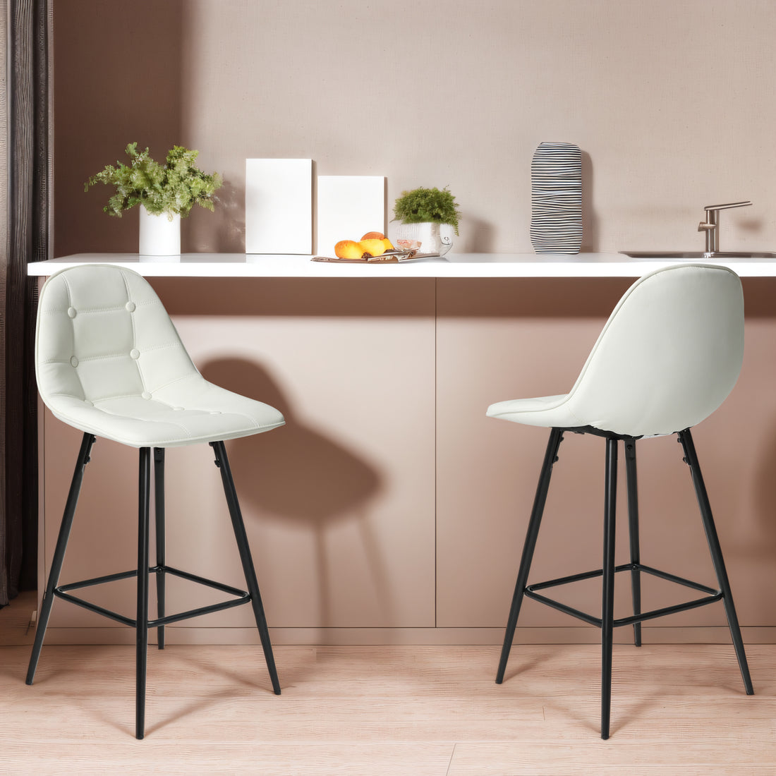 Counter Stools,Set Of 2 Bar Stools With Back And Footrest, Modern Metal Counter Height Barstools For Kitchen Home Bar,25.5" Armless Barstool Chairs White Leather