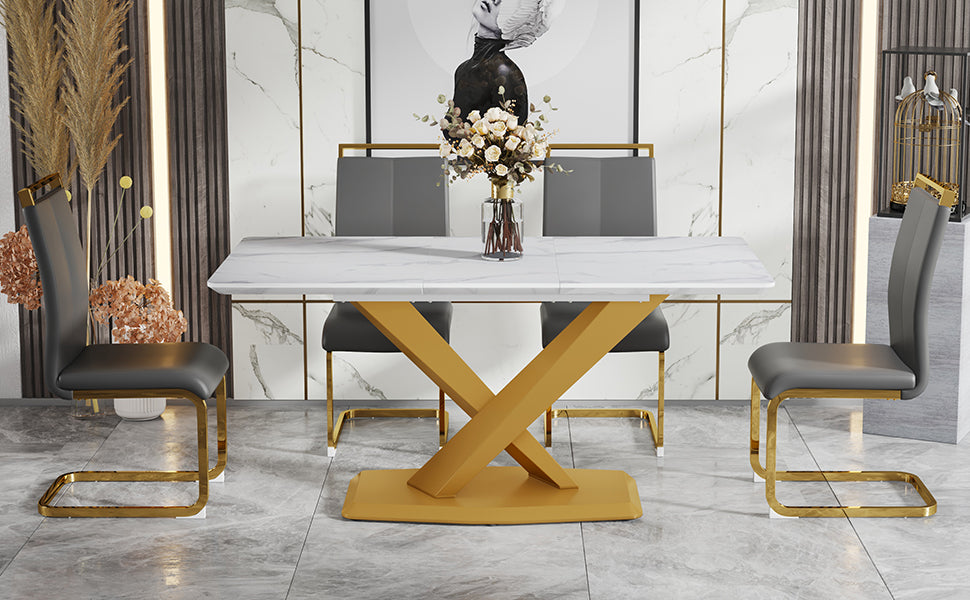 Table And Chair Set, The Table Is Equipped With A Marble Patterned Mdf Tabletop And Gold Table Legs.The Chair Is Equipped With Pu Synthetic Leather High Back Cushion And Gold Coated Metal Legs. Grey Gold Seats 6 Mdf Metal