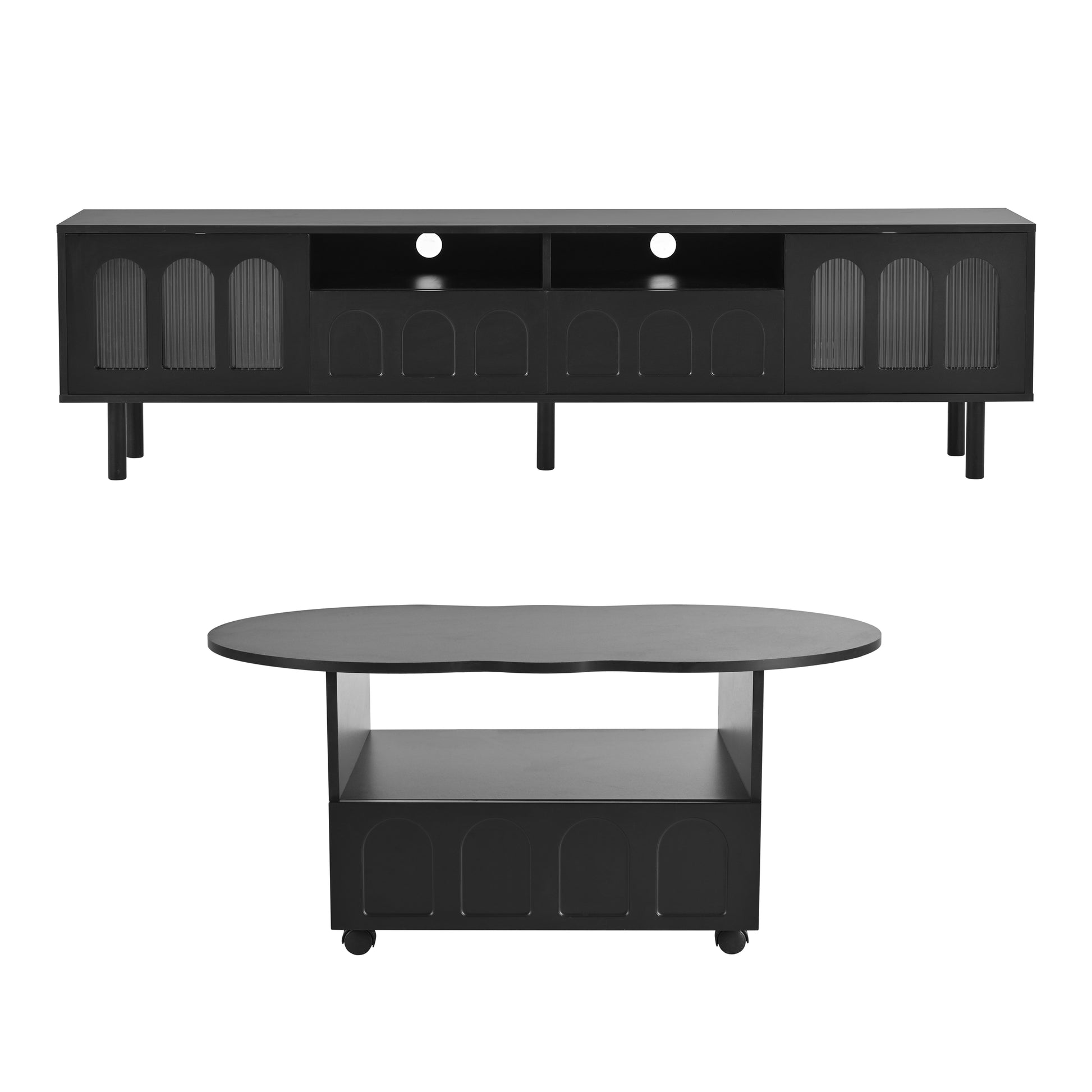 Cream Style Tv Stand And Coffee Table Set Of 2, Led Light Strip Tv Stand For Tvs Up To 80'', Cloud Top Coffee Table With 2 Brake Wheels For Living Room, Black Black 80 89 Inches Particle Board